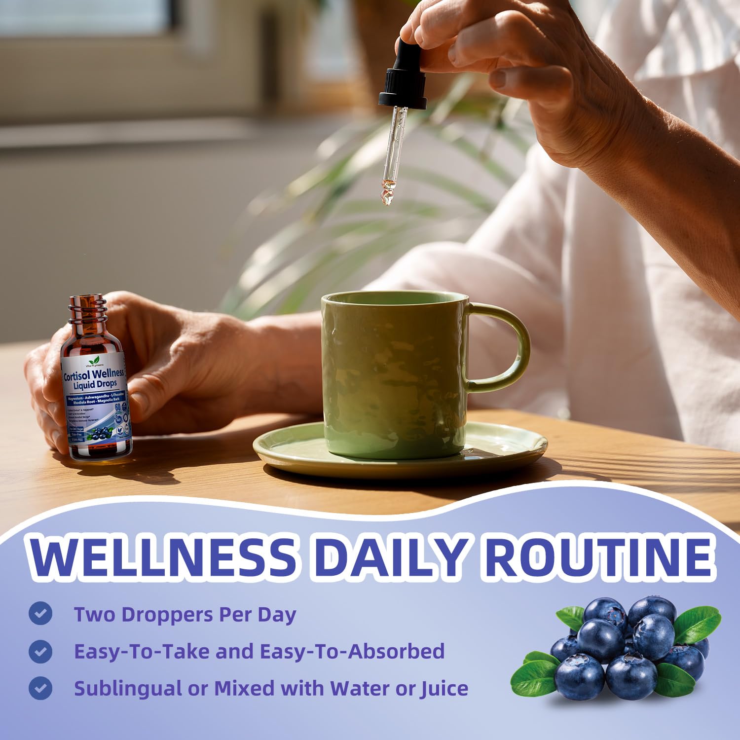 Vita PLynxera Cortisol Support Liquid Supplement in a glass of water