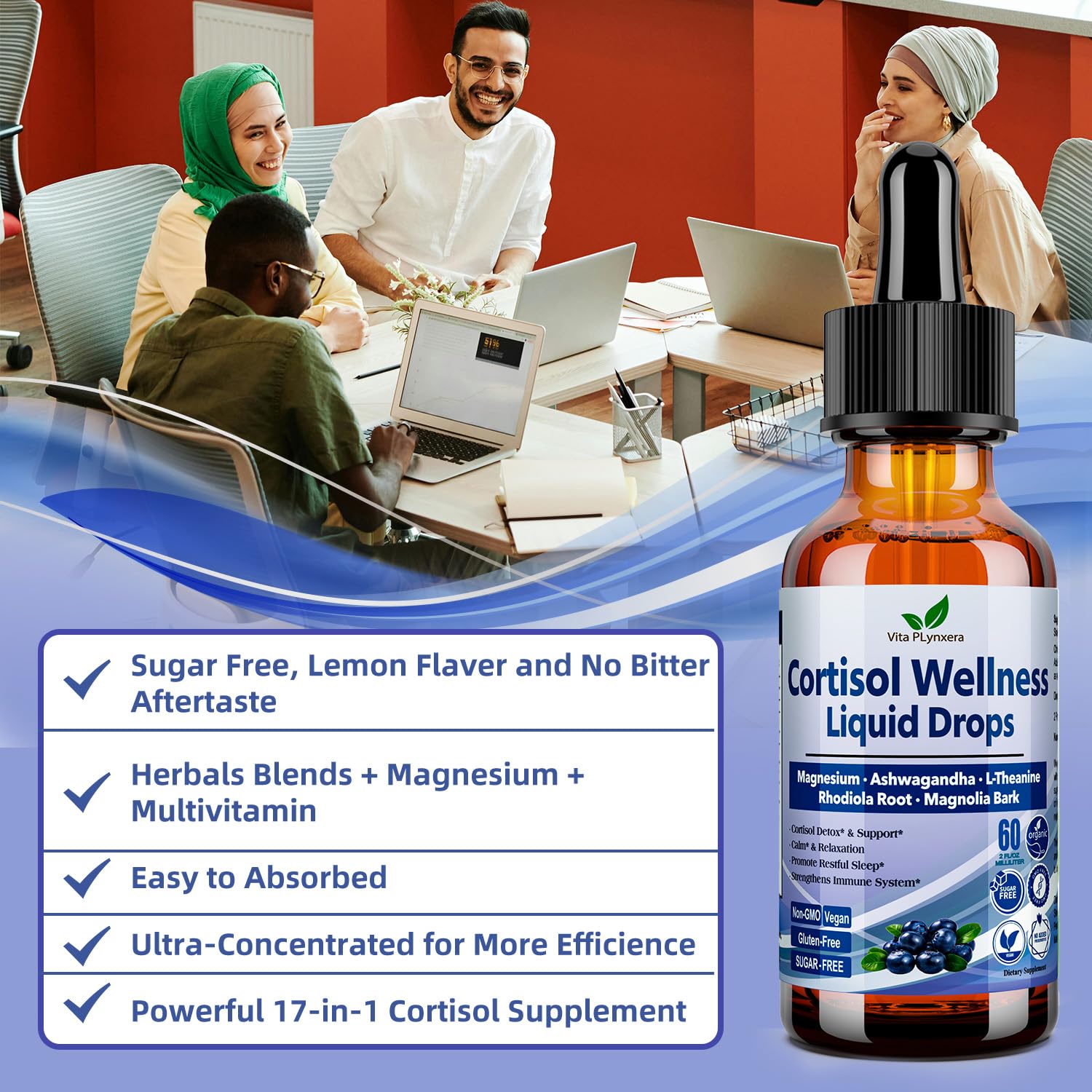 Vita PLynxera Cortisol Wellness Liquid Drops with lemon slices