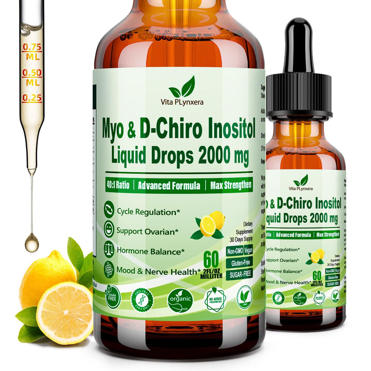 Vita PLynxera Inositol Liquid Drops front view with lemon flavour