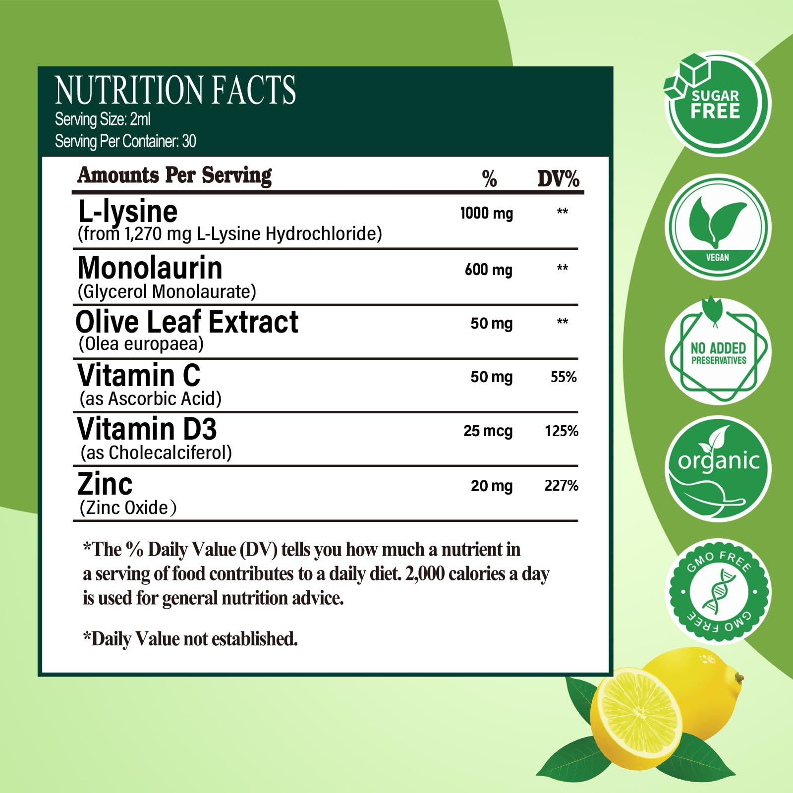 Vita PLynxera L-Lysine 1000mg Liquid Drops ingredients list