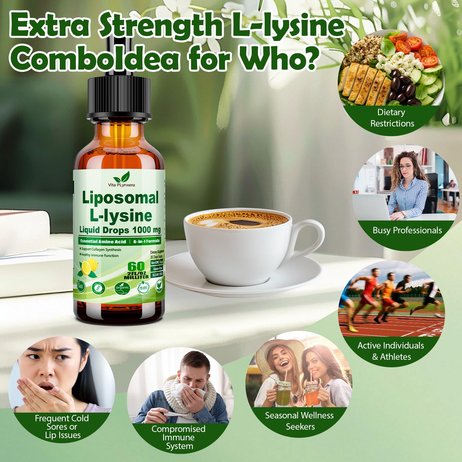 Vita PLynxera L-Lysine 1000mg Liquid Drops on a kitchen counter