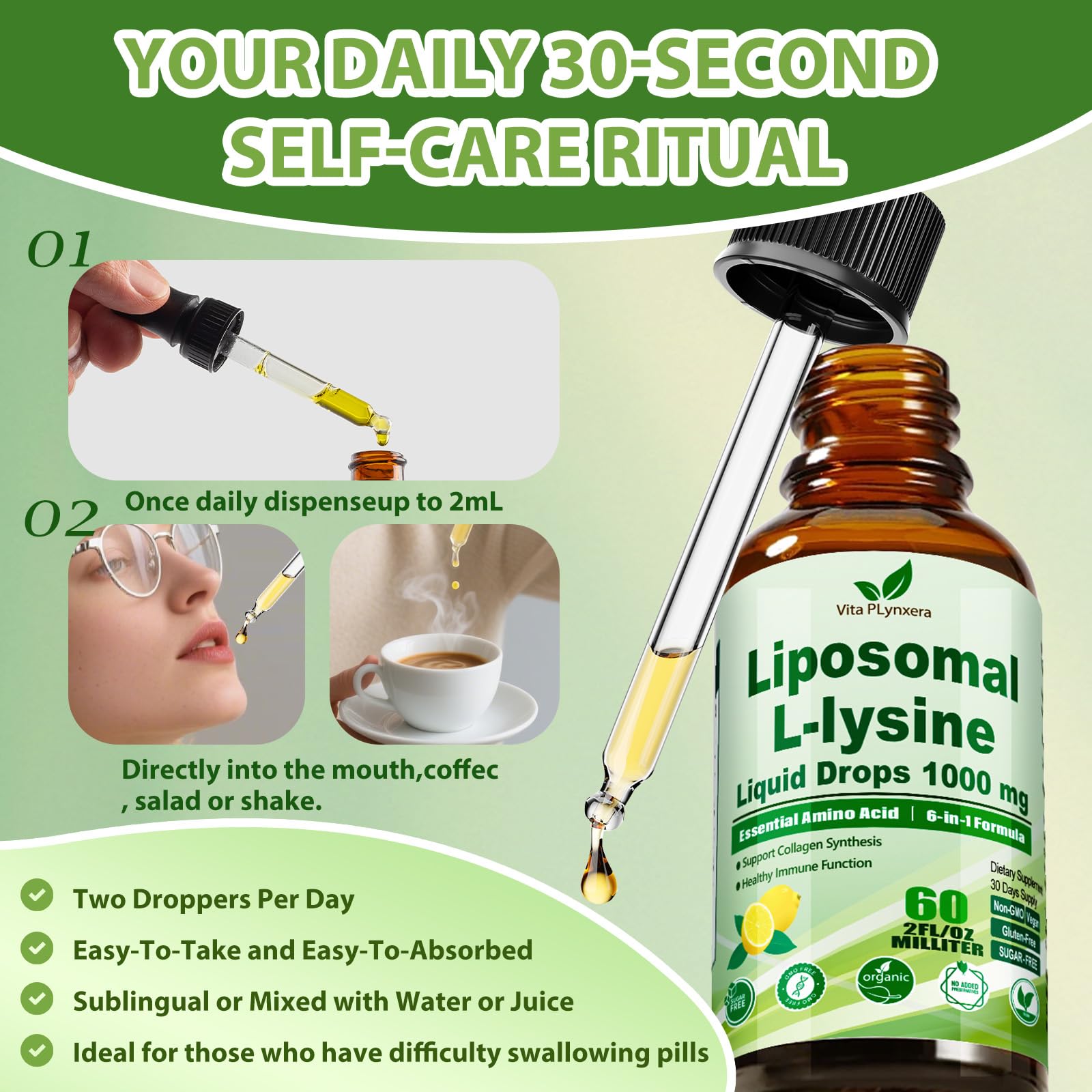 Vita PLynxera L-Lysine 1000mg Liquid Drops with measuring droppers