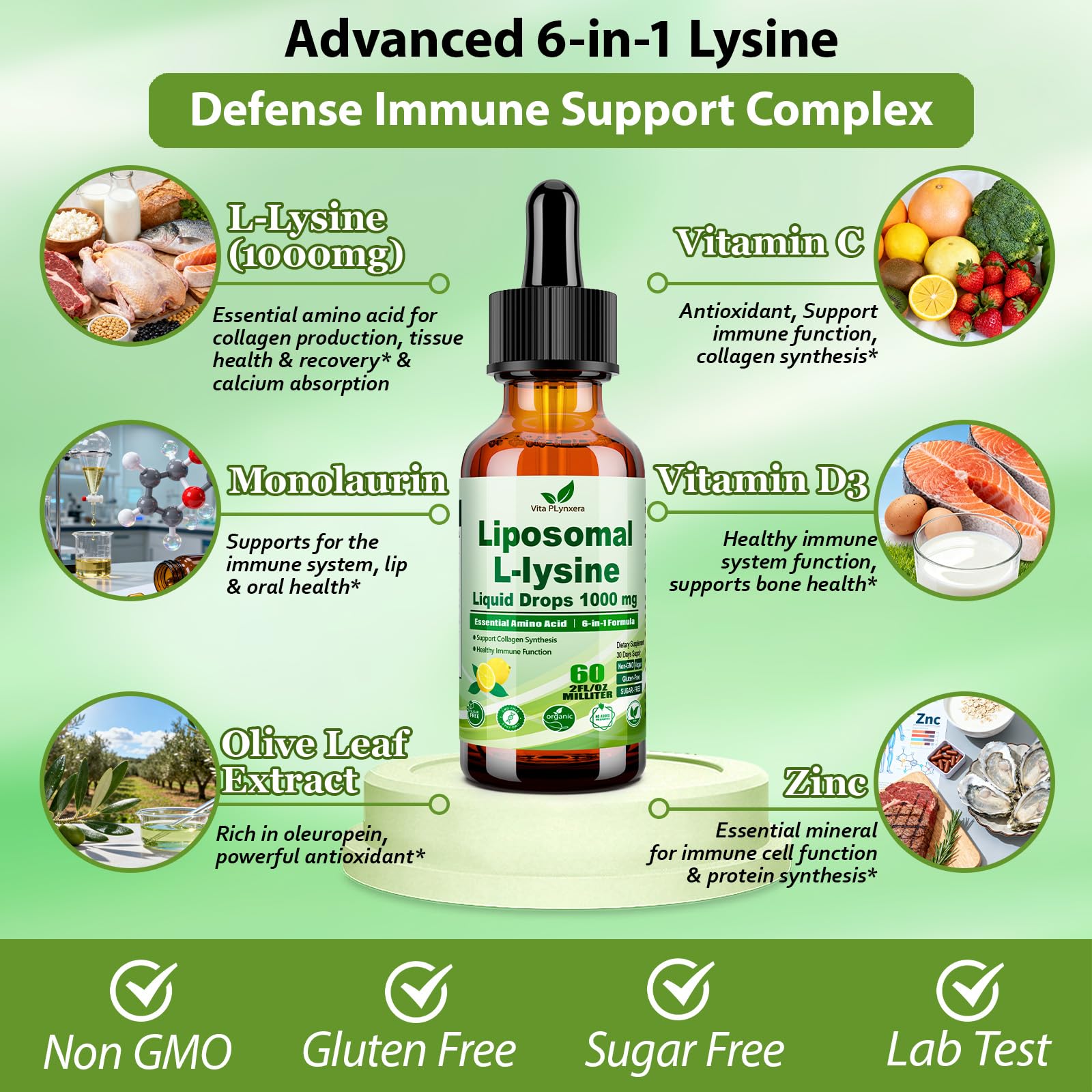 Vita PLynxera L-Lysine Liquid Drops 1000mg bottle side view