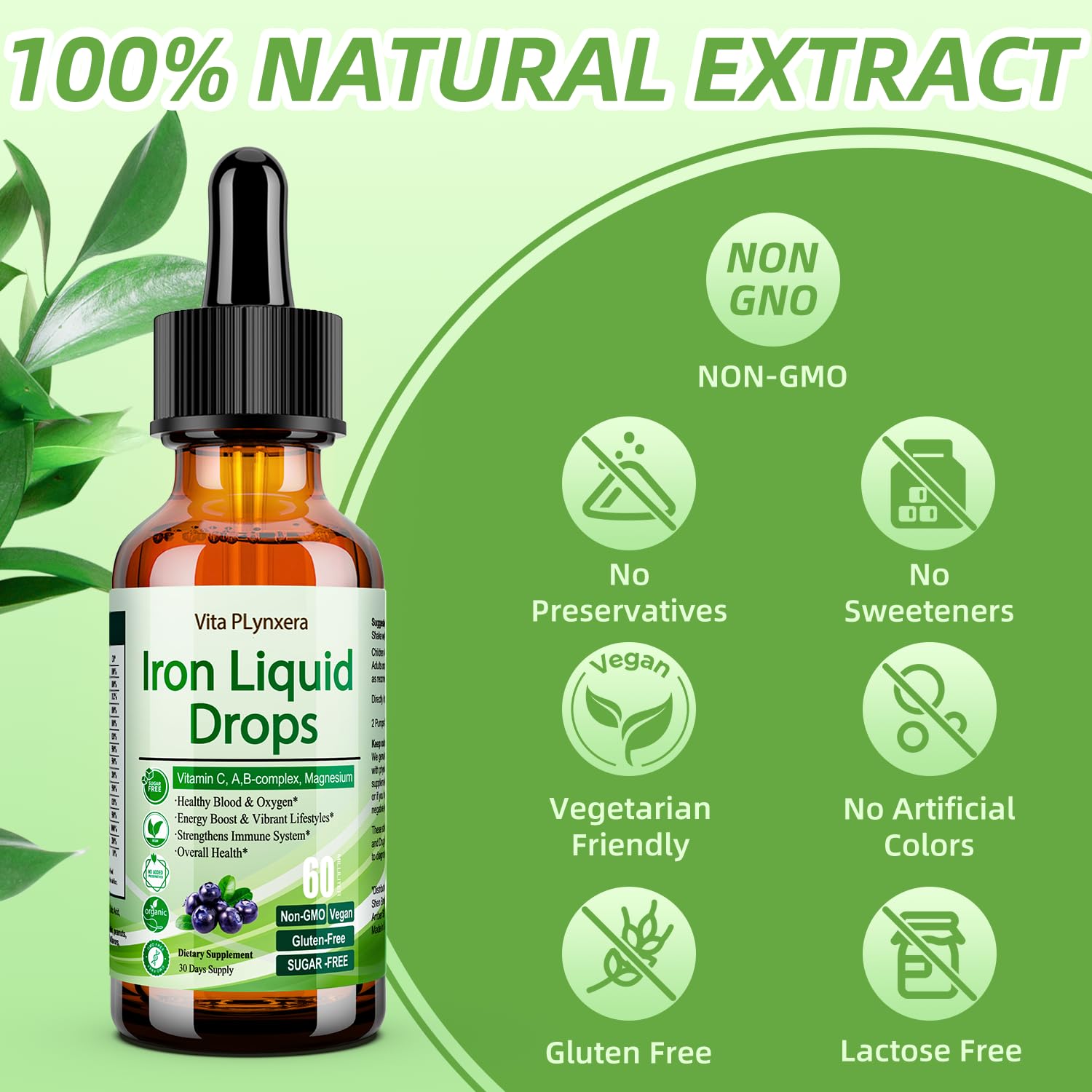 Vita Plynxera Liquid Iron Drops bottle side view