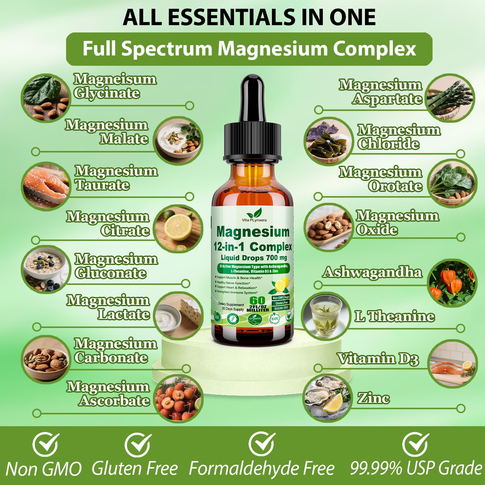 Vita PLynxera Magnesium 12-in-1 Complex Liquid Drops bottle with label