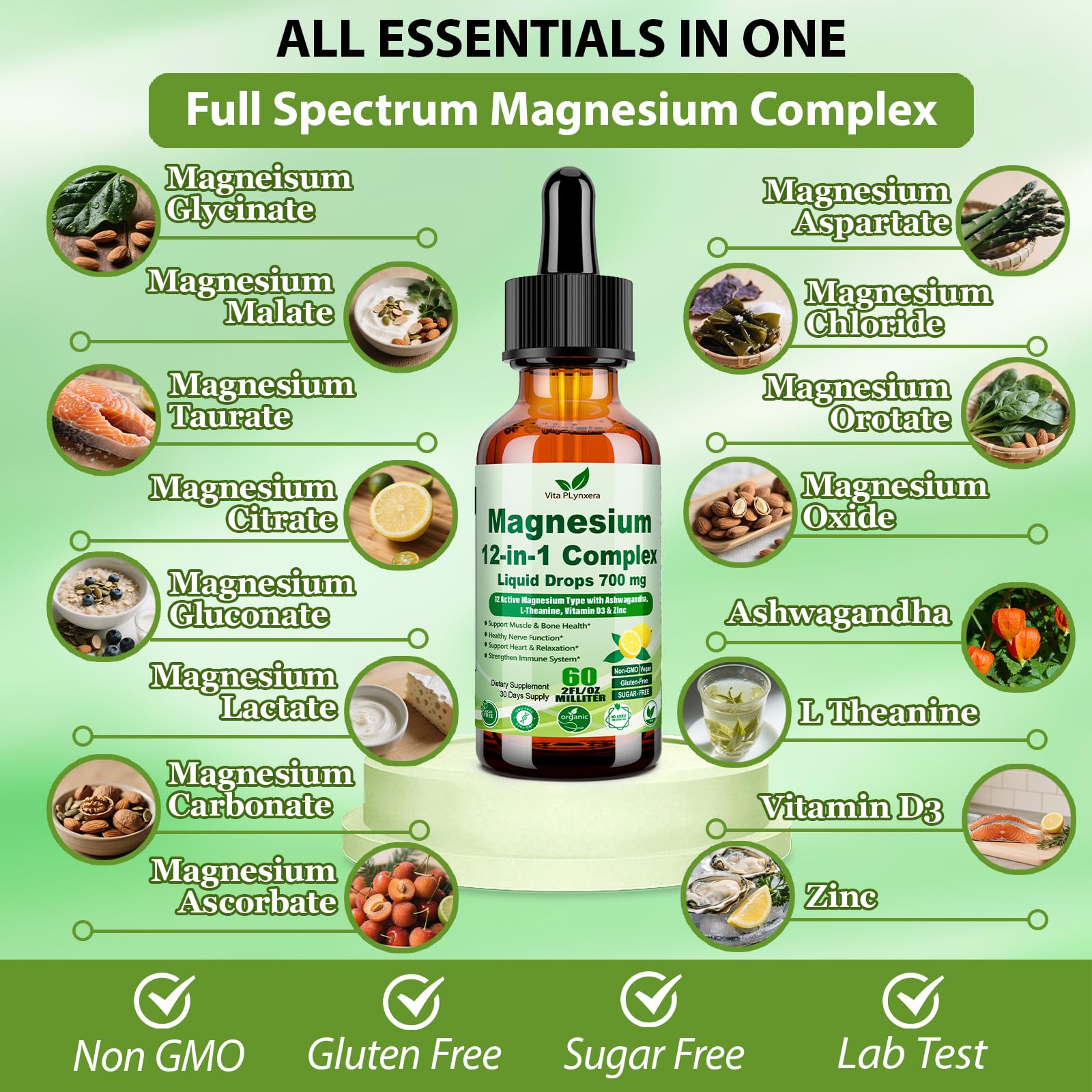 Vita PLynxera Magnesium Complex Liquid Drops 12-in-1 bottle with lemon flavour