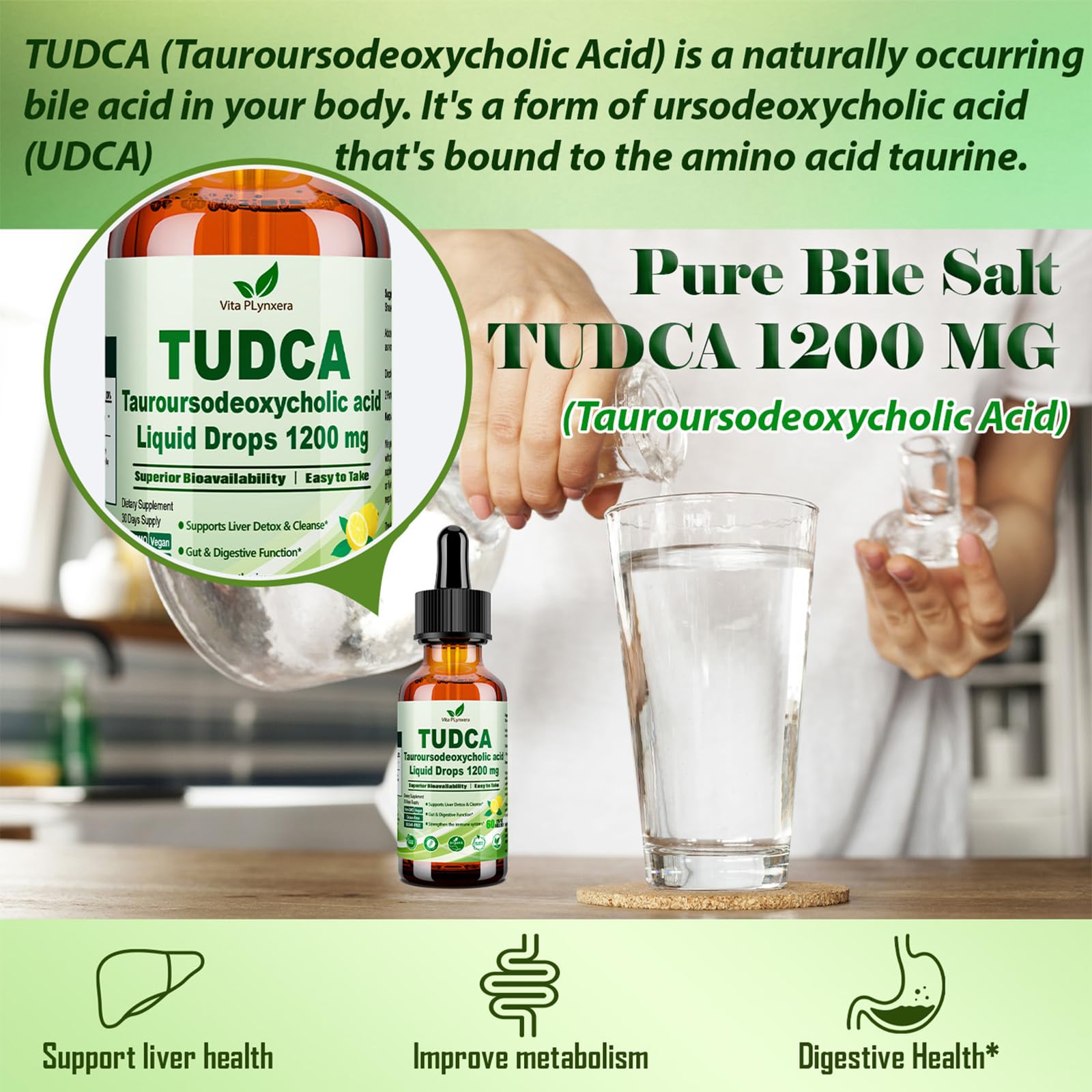 Vita PLynxera TUDCA Liquid Drops 1200mg bottle with dropper