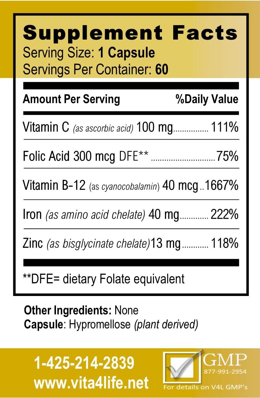 Vita4Life Iron Supplement Capsules side view showing capsule size