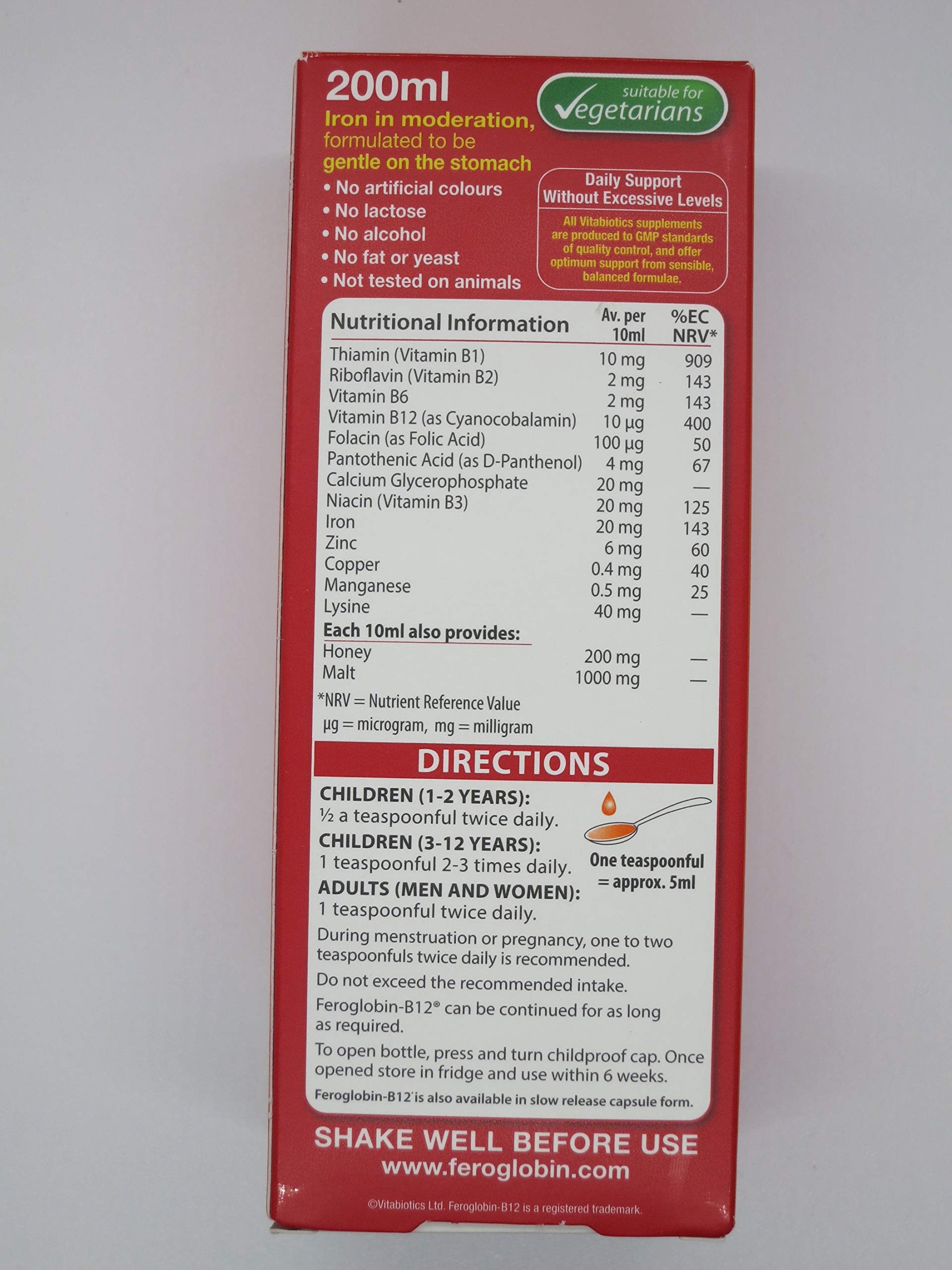 Vitabiotics Liquid Iron Supplement 200ml side view showing cap