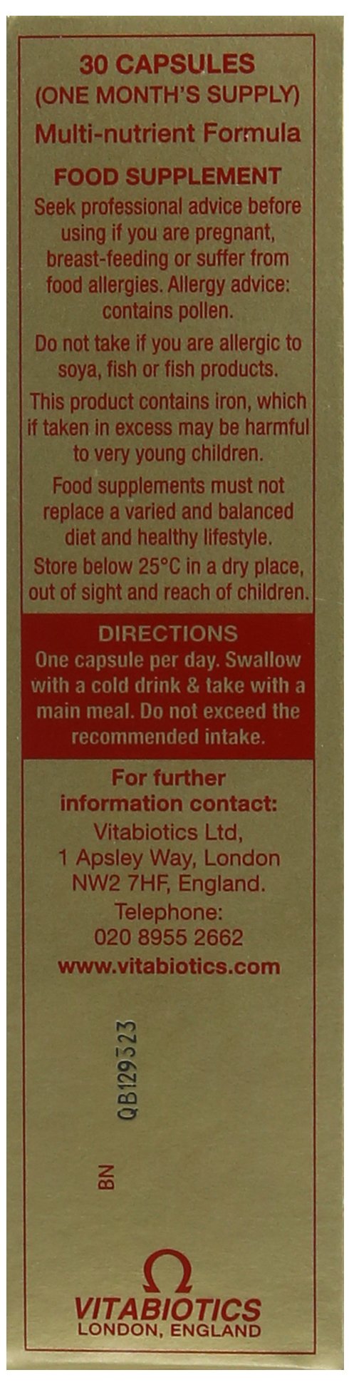 Vitabiotics Omega-H3 Multivitamin Mineral ingredients list on packaging