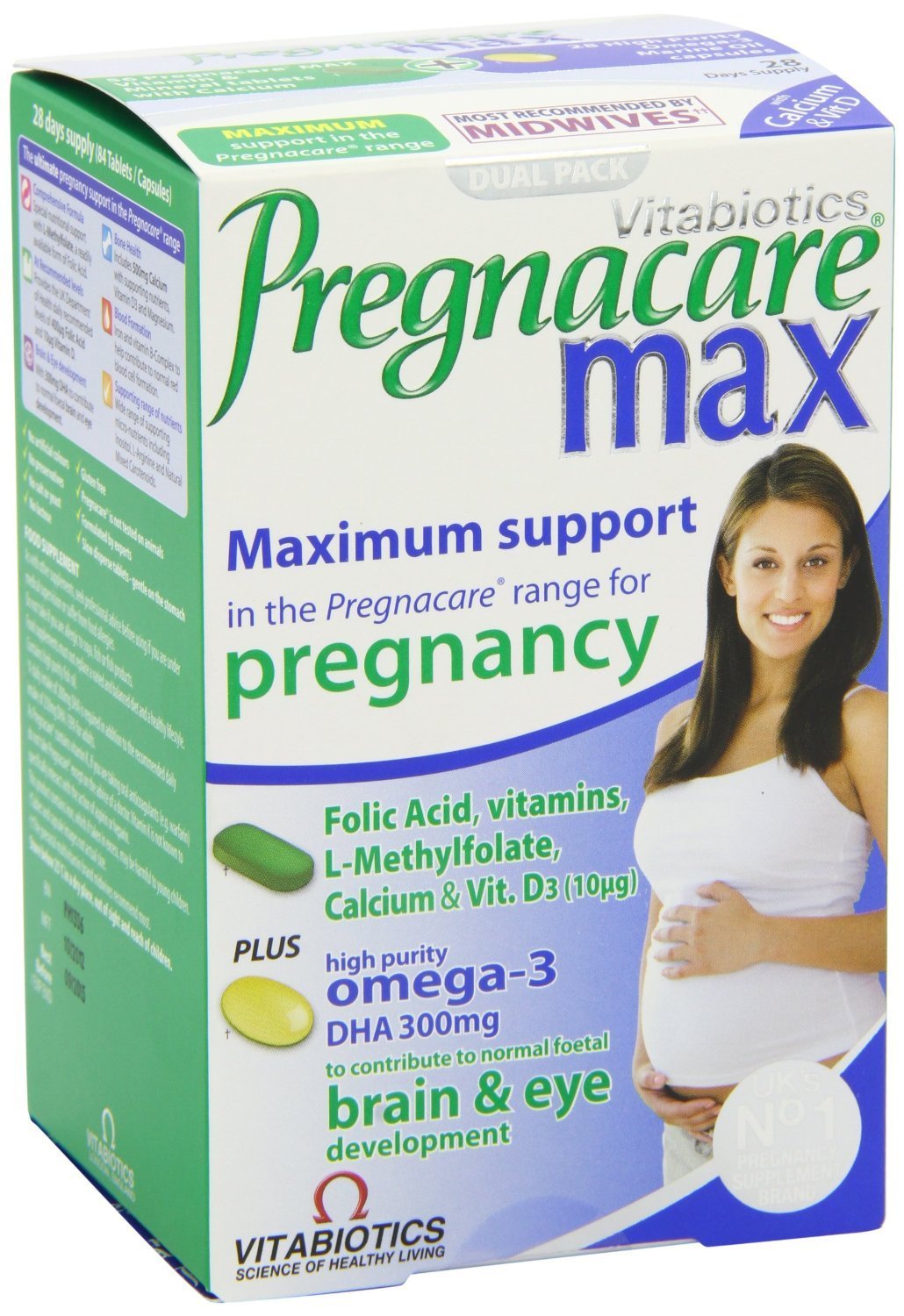 Vitabiotics Pregnacare Max packaging front view with vitamin tablets and Omega-3 capsules