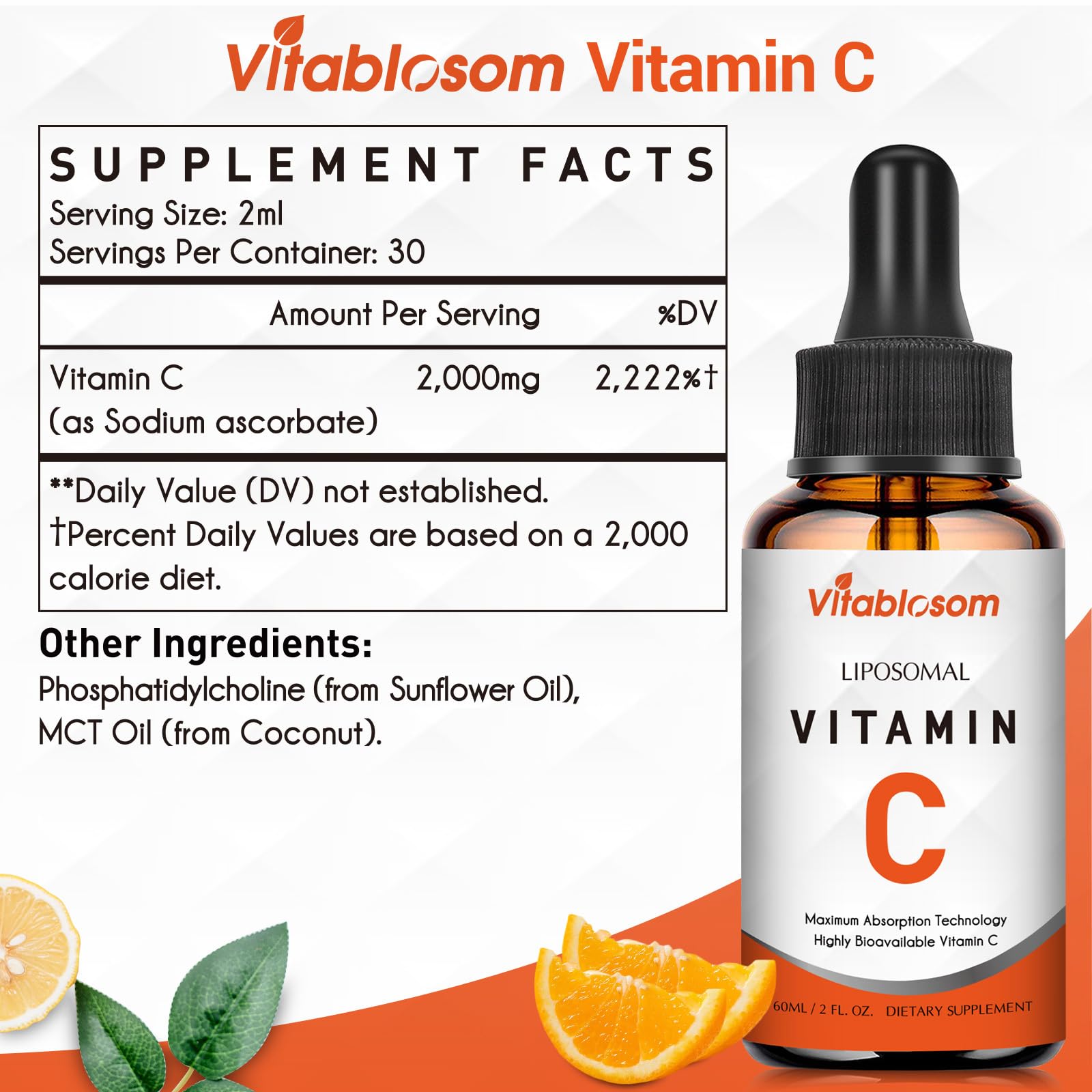Vitablosom Liposomal Vitamin C 2000mg liquid supplement label close-up