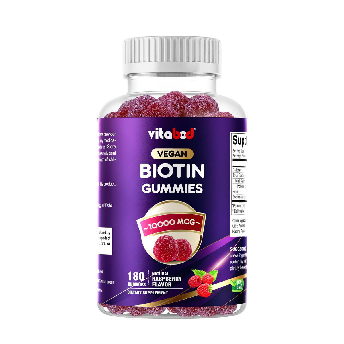 Vitabod Biotin Gummies front view with raspberry flavour