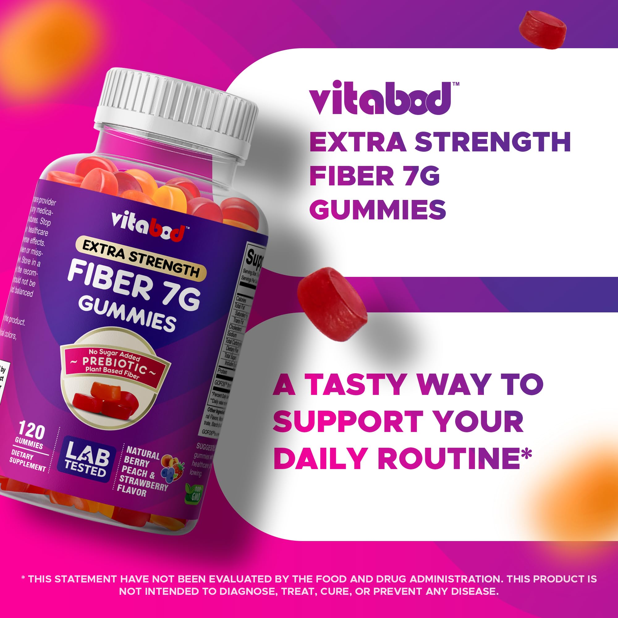 Vitabod Dietary Fiber Gummies in a bowl with fresh fruits