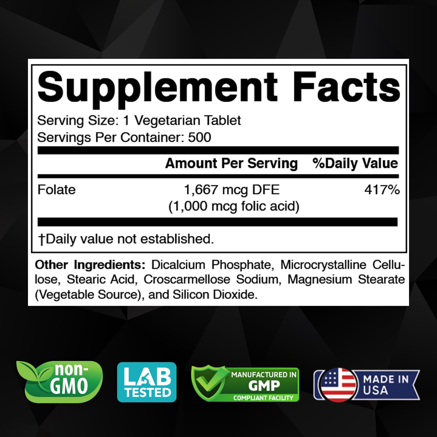 Vitabod Folic Acid 1 mg bottle with 500 vegetarian tablets