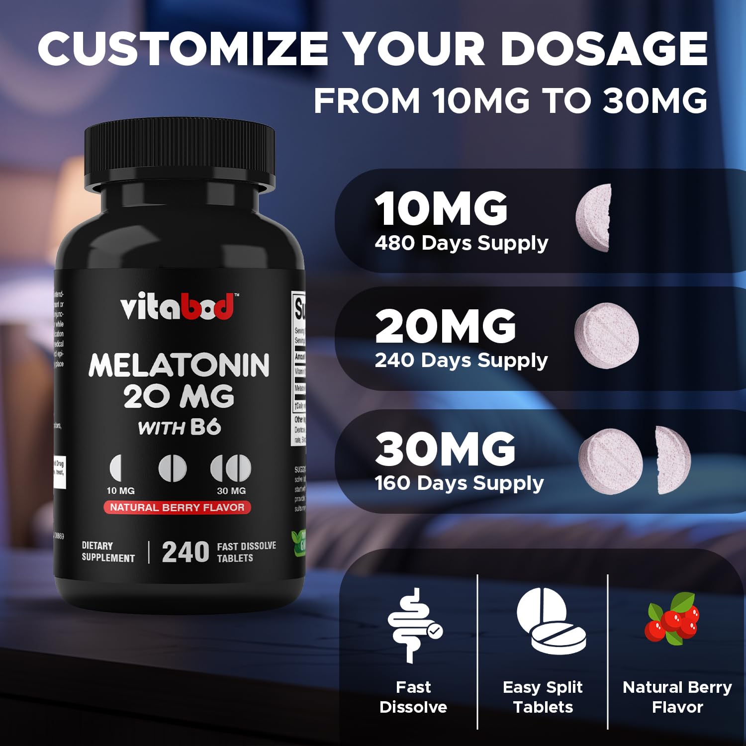 Vitabod Melatonin 240 count bottle with cap off