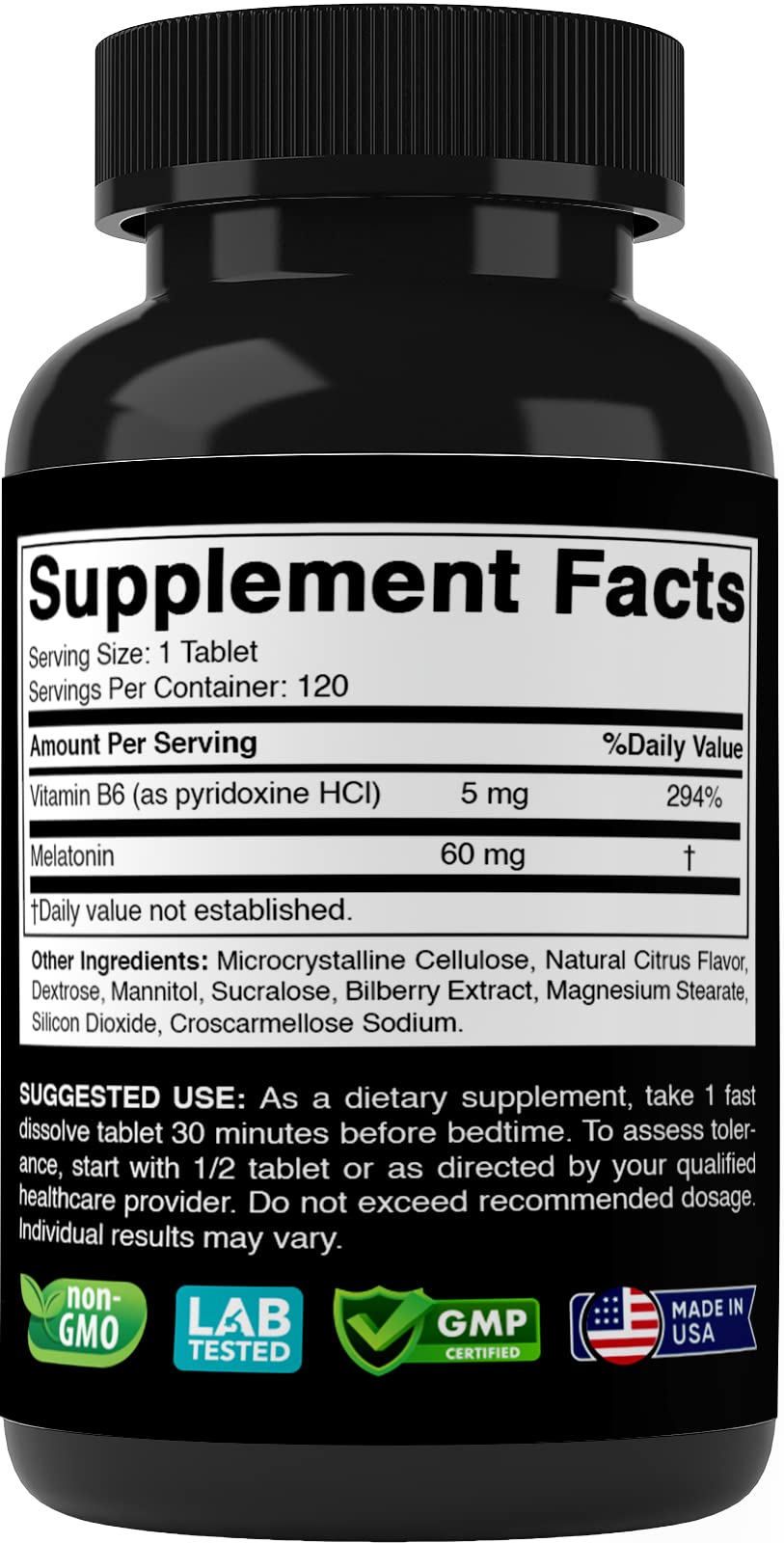 Vitabod Melatonin 60 mg with Vitamin B6 bottle with tablets on a table