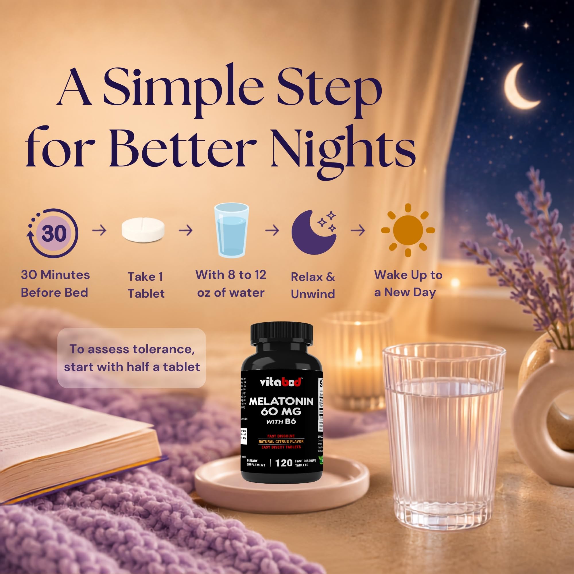 Vitabod Melatonin 60 mg with Vitamin B6 natural citrus flavour