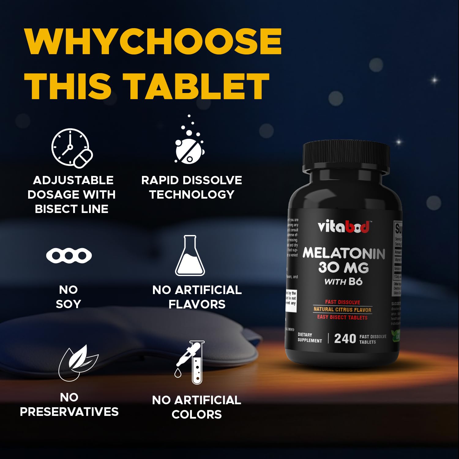 Vitabod Melatonin Sleep Supplement 15mg Citrus Tablets close-up