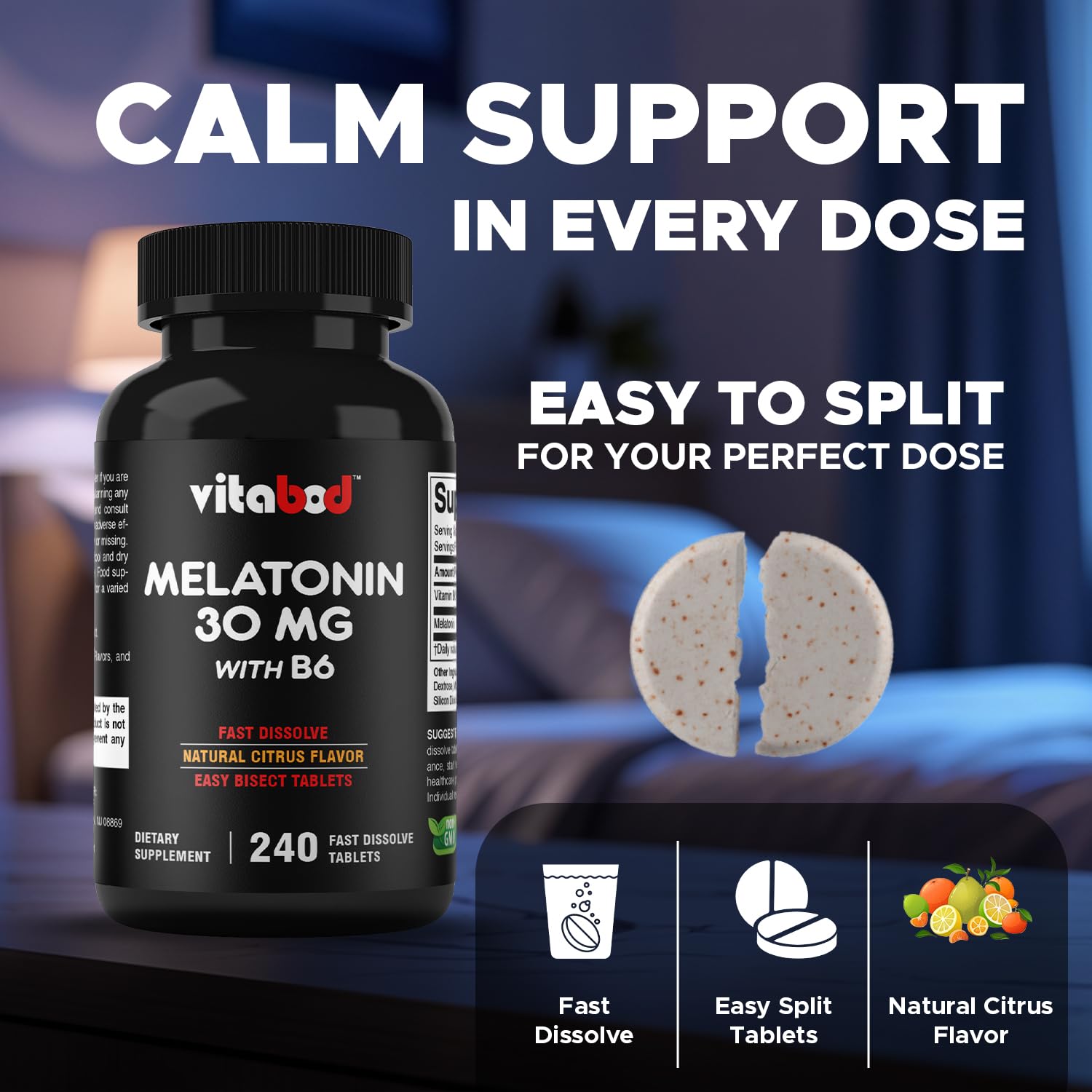 Vitabod Melatonin Sleep Supplement 15mg Citrus Tablets with a glass of water