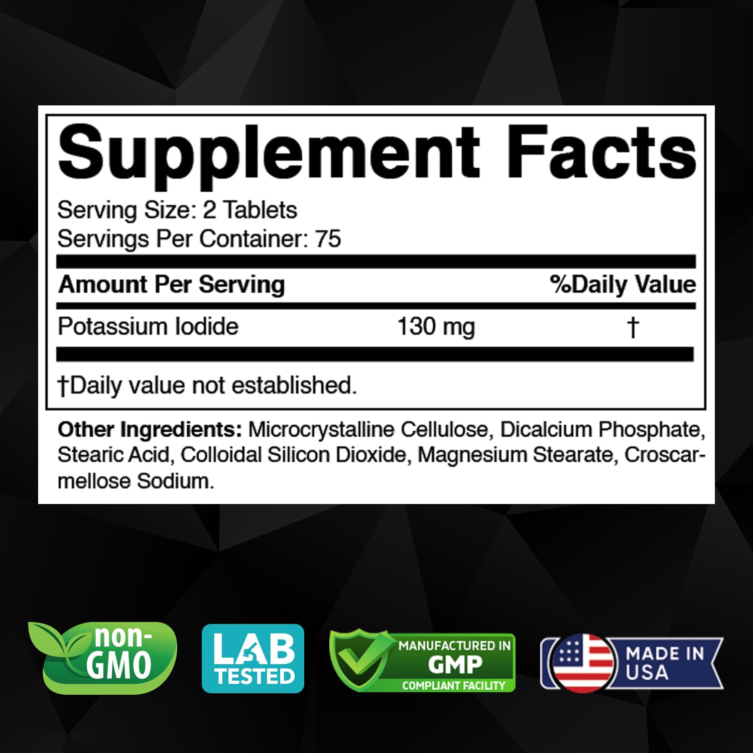 Vitabod Potassium Iodide 130 mg dietary supplement tablets close-up