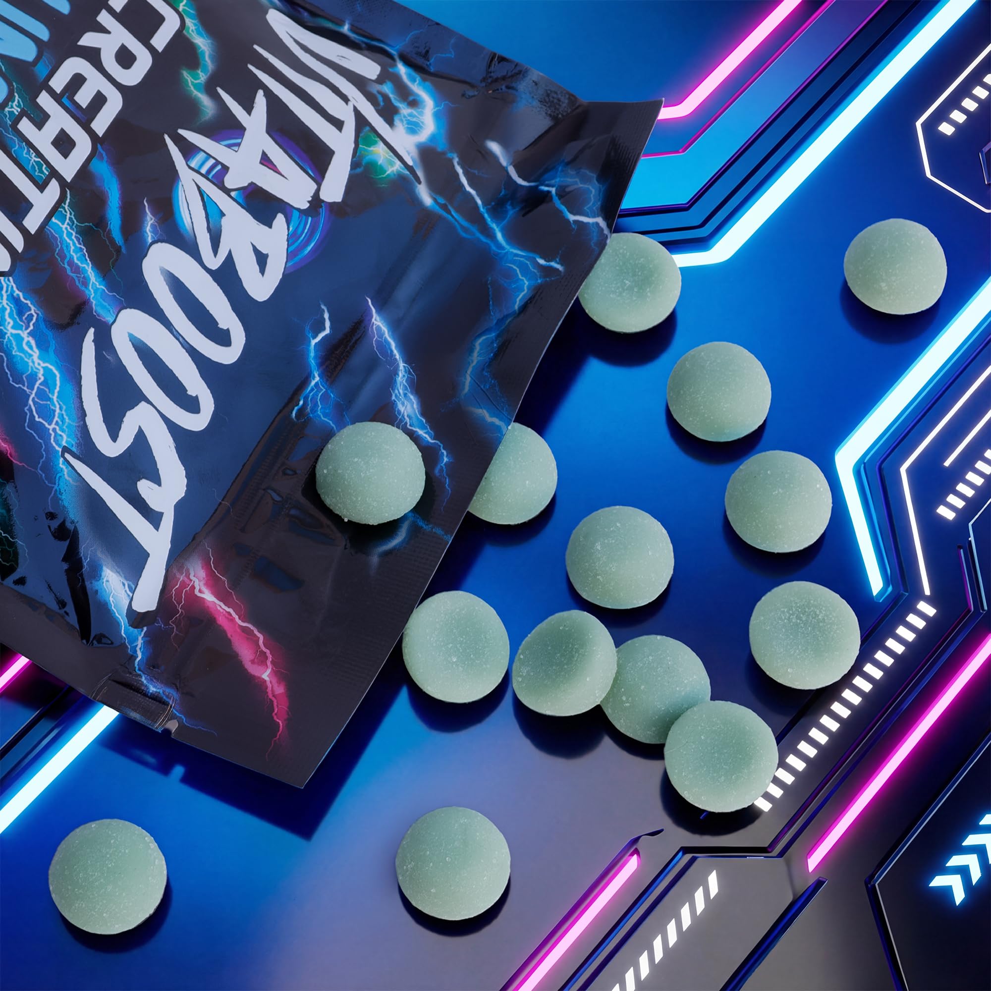 VitaBoost Creatine Gummies on a gym bench with weights