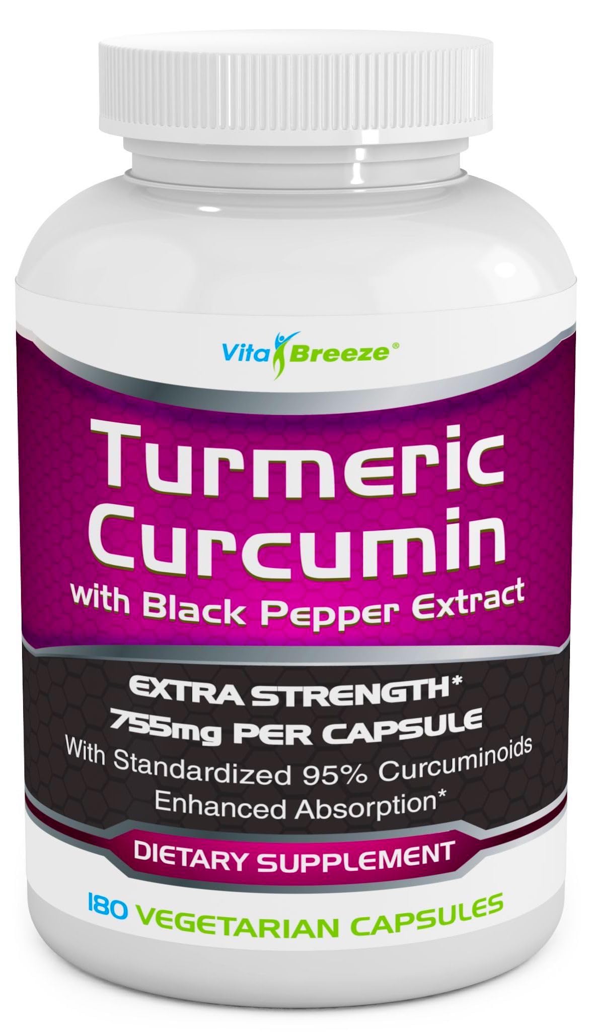 VitaBreeze Turmeric Curcumin 755mg 180 capsules front view