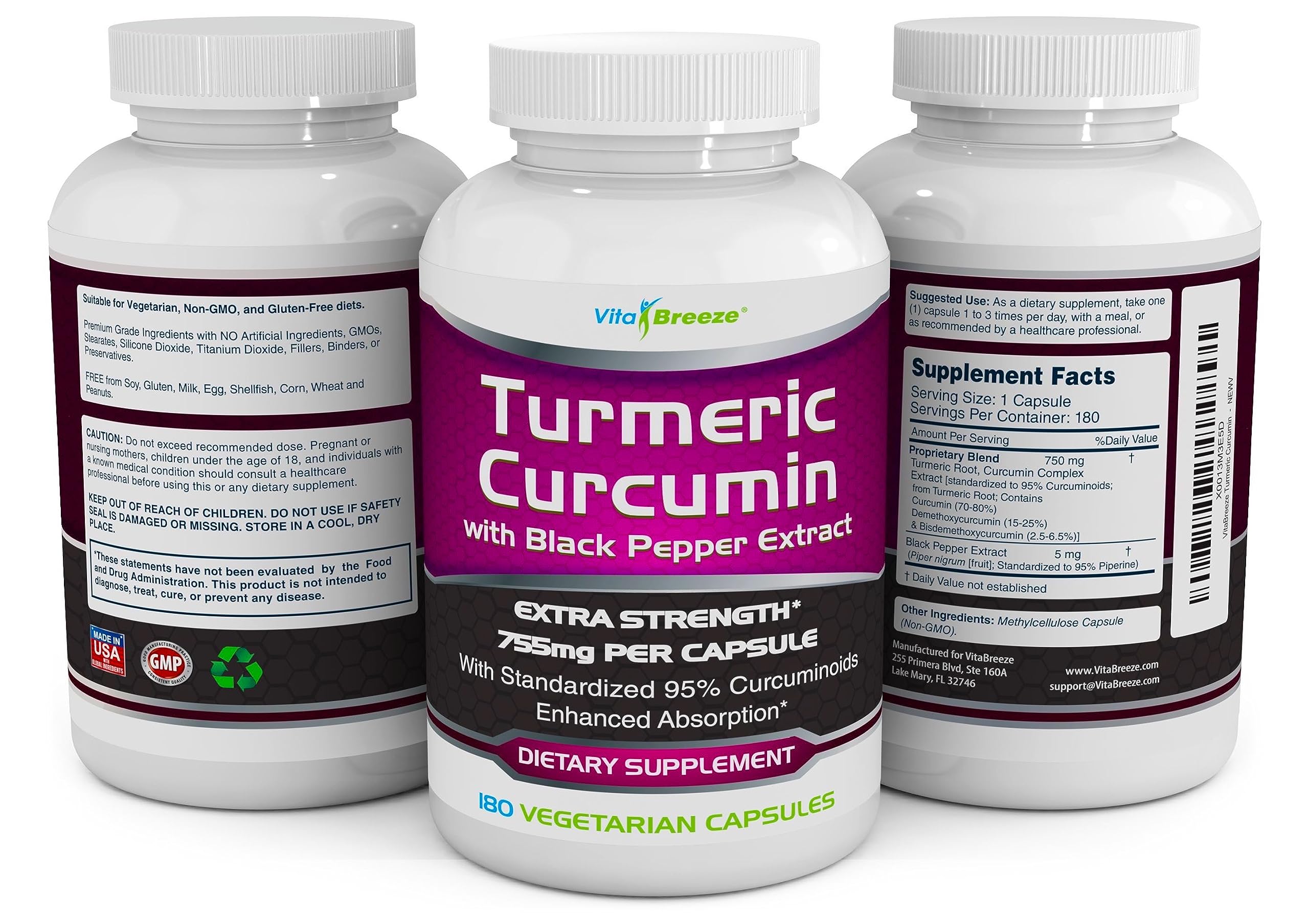 VitaBreeze Turmeric Curcumin 755mg capsules on a wooden table