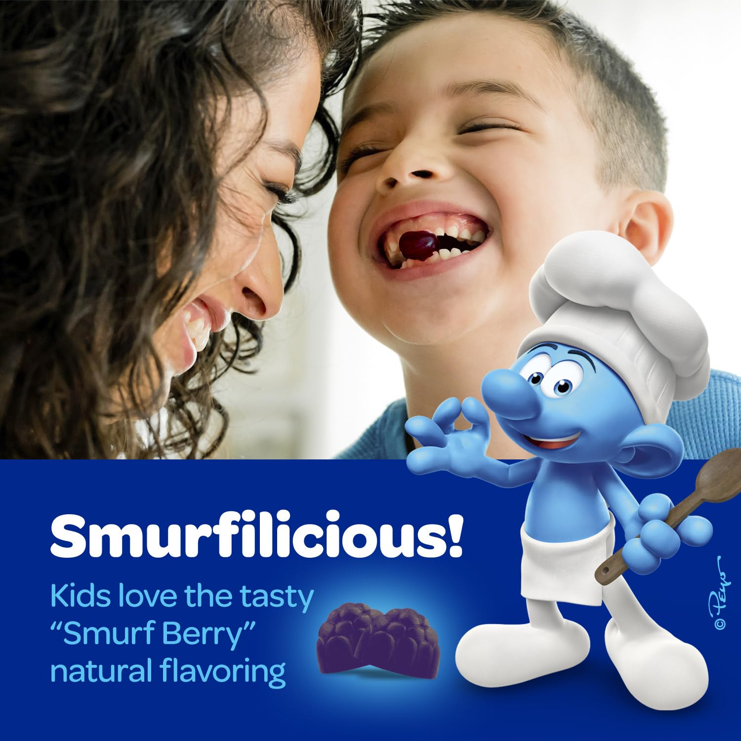 VITABURST Smurfs gummies on a wooden table