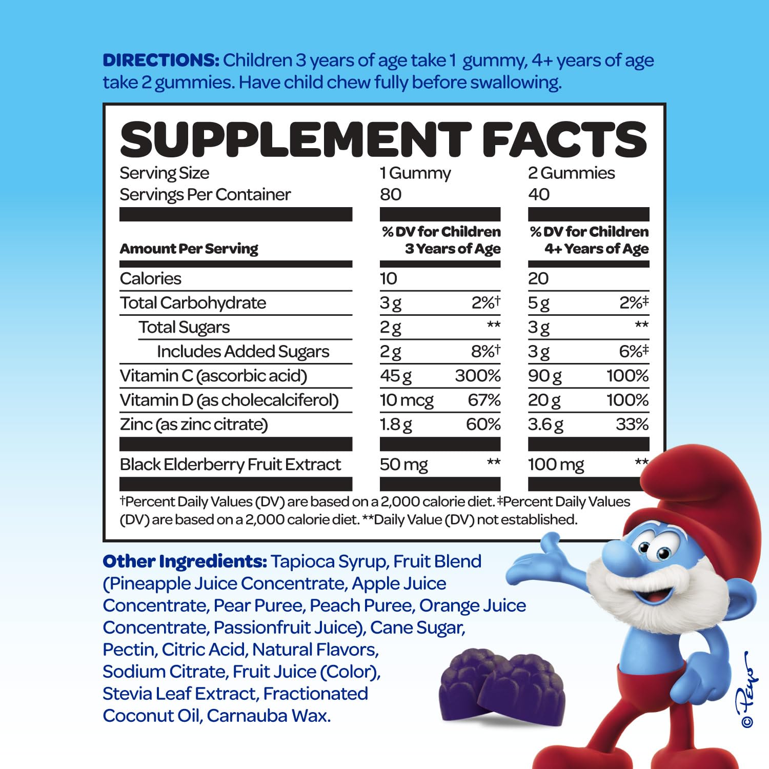 VITABURST Smurfs gummies packaging with fruit illustrations