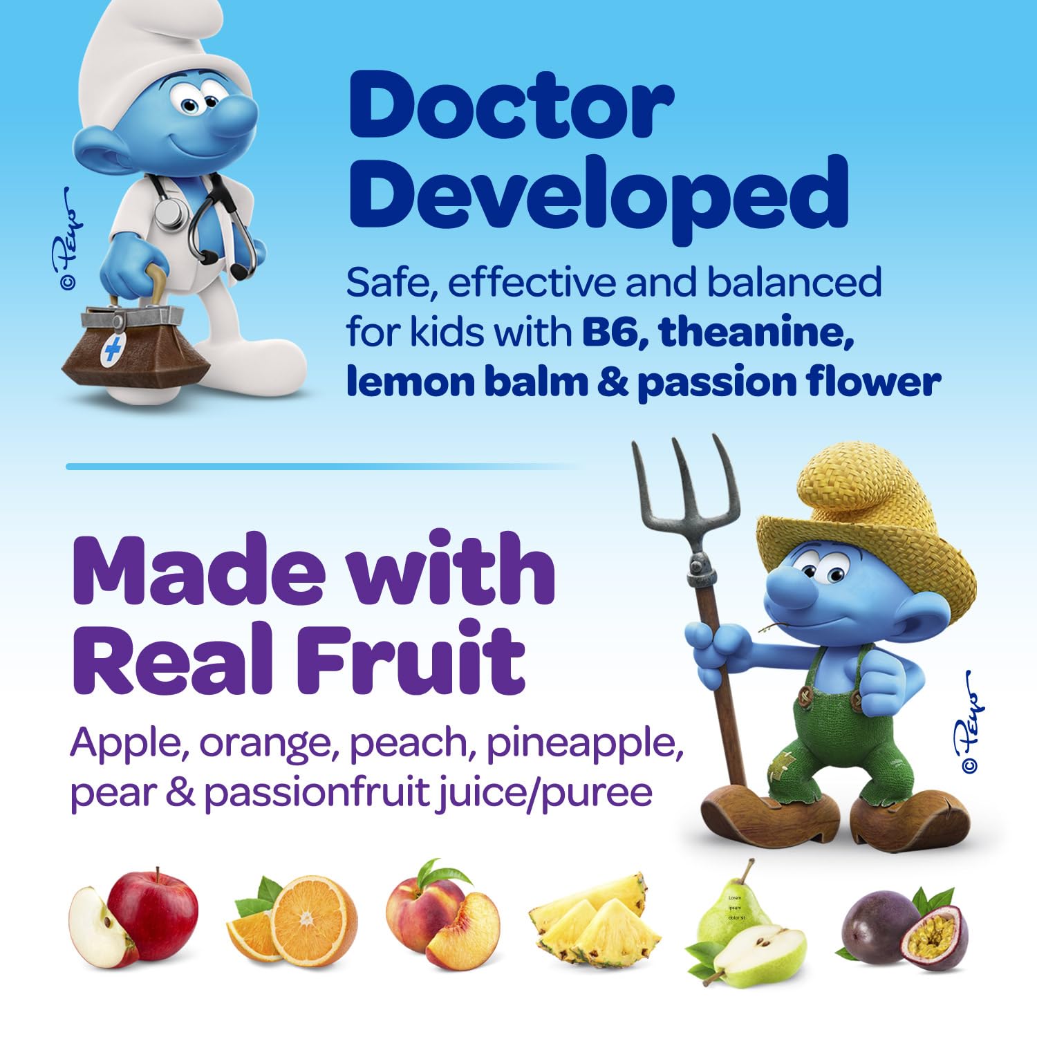 VITABURST The Smurfs Focus Gummies with fruit background
