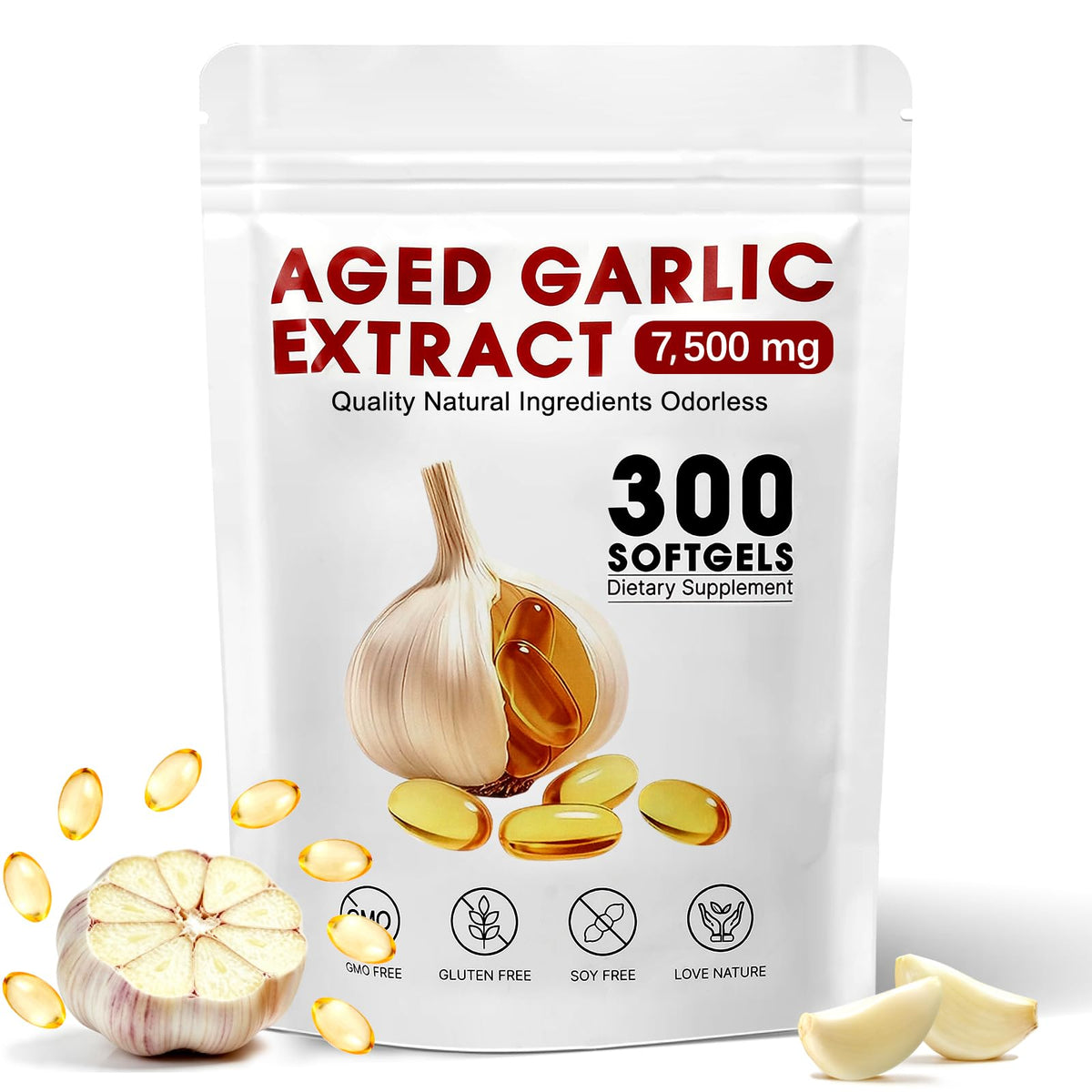 VitaCoeur Aged Garlic Extract Softgels front view, 300 count