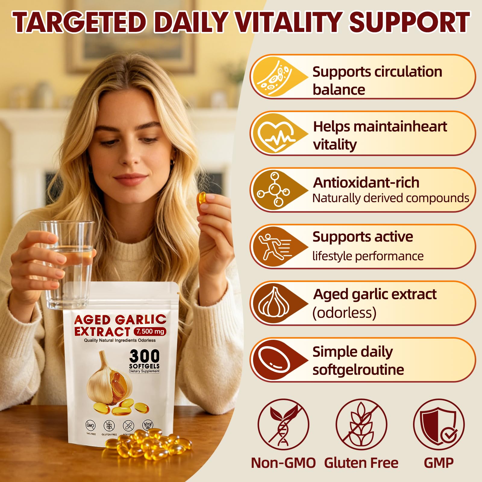 VitaCoeur Aged Garlic Extract Softgels on a wooden table