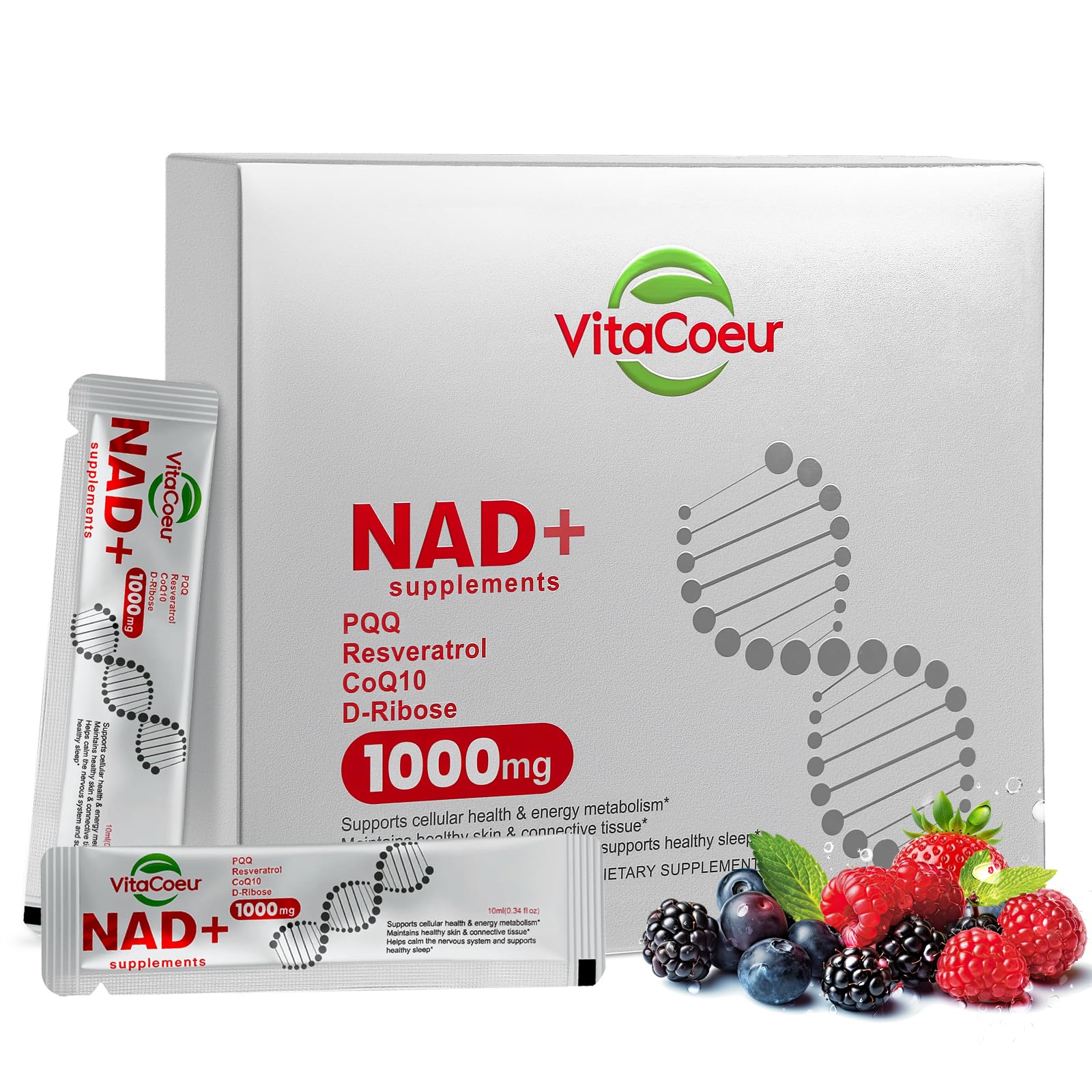 VitaCoeur NAD+ Resveratrol Supplement bag open showing contents
