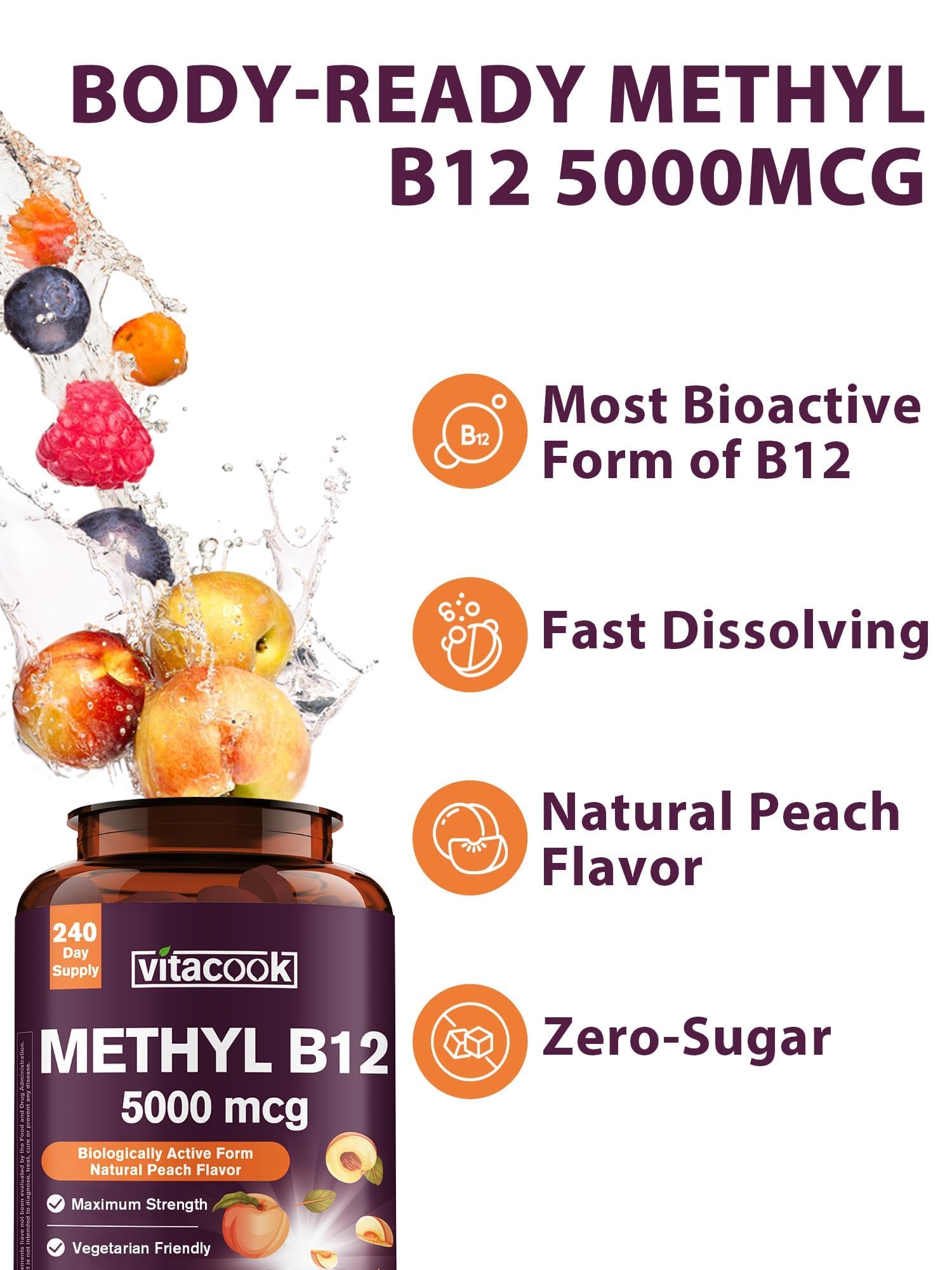 Vitacook B12 Methyl 5000 mcg tablets on a wooden surface