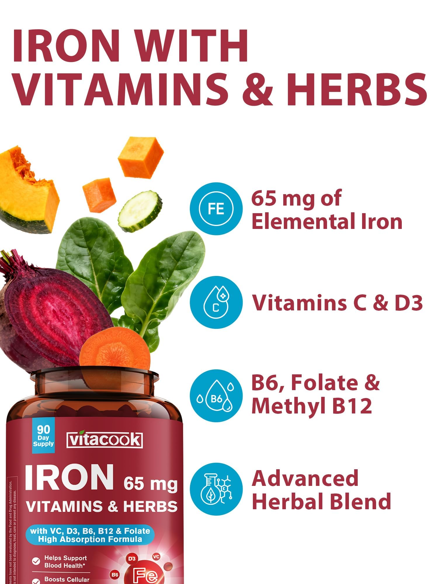 Vitacook High Potency Iron Supplement 65mg tablets close-up
