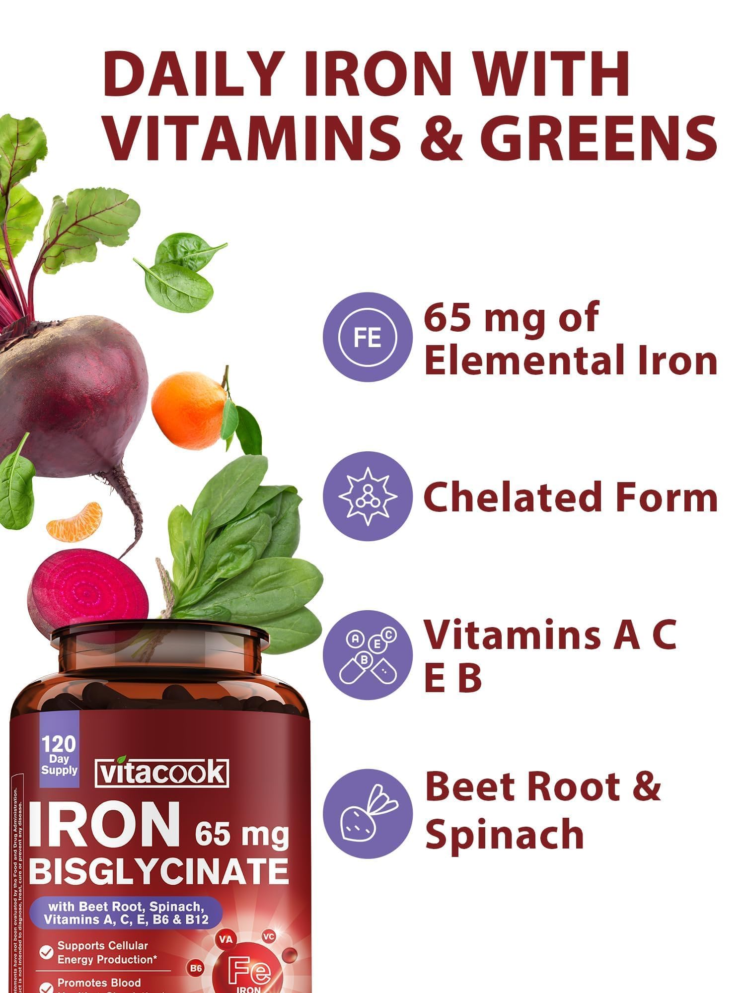 Vitacook Iron Glycinate Capsules 65mg bottle with label