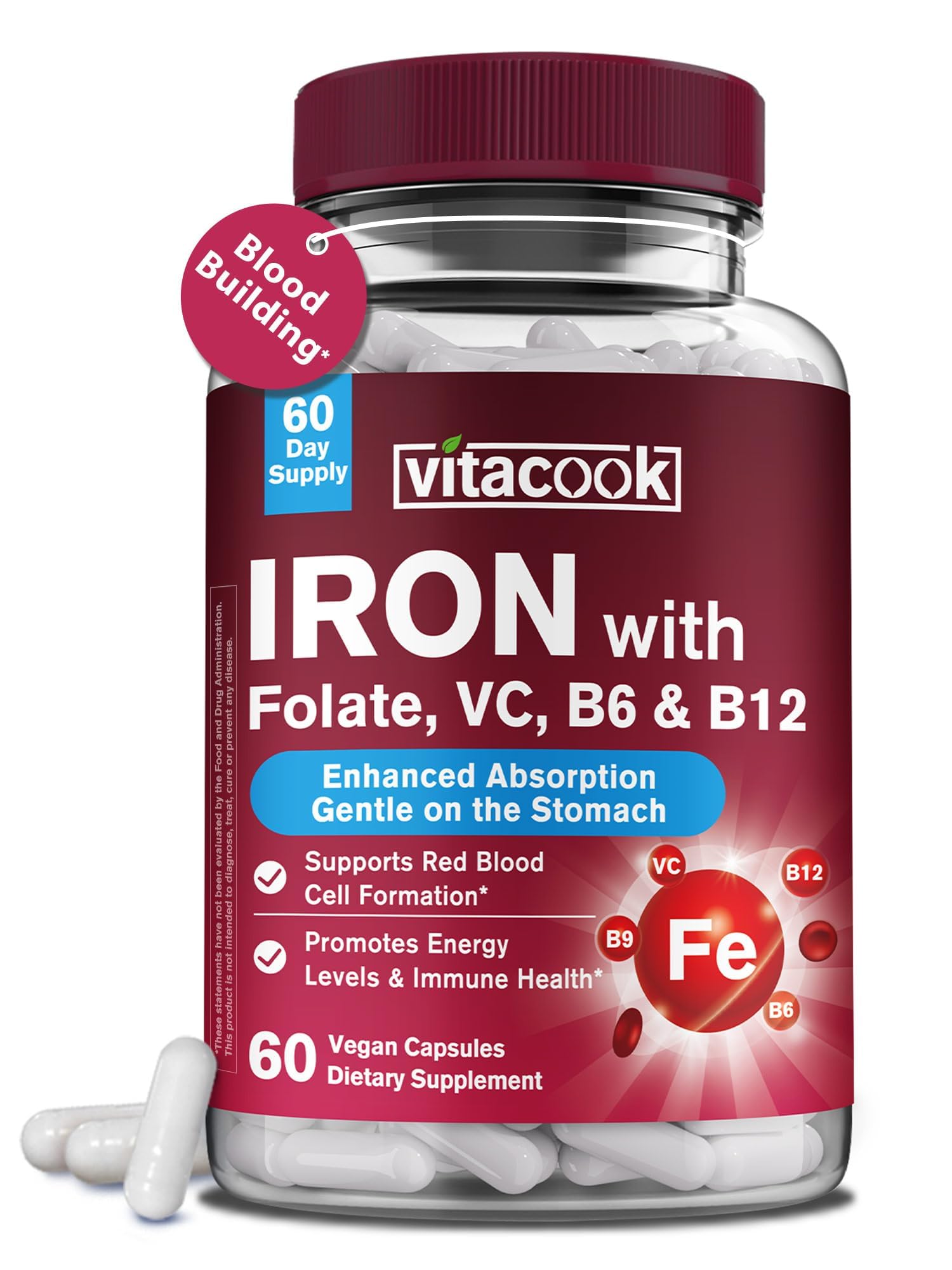 Vitacook Iron Supplement 36mg Ferrous Bisglycinate Capsules front view