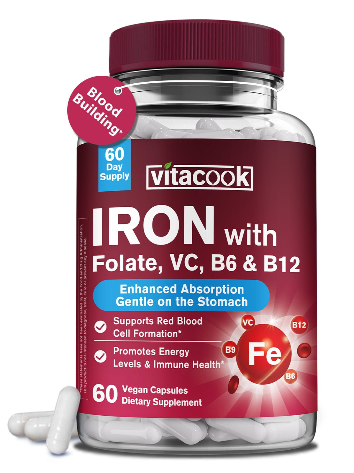 Vitacook Iron Supplement 36mg Ferrous Bisglycinate Capsules front view