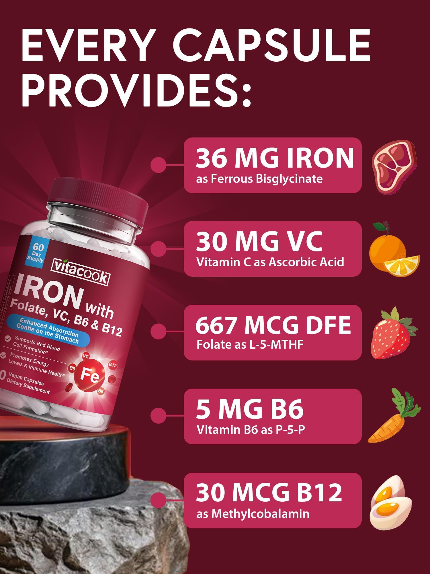 Vitacook Iron Supplement 36mg Ferrous Bisglycinate Capsules side view