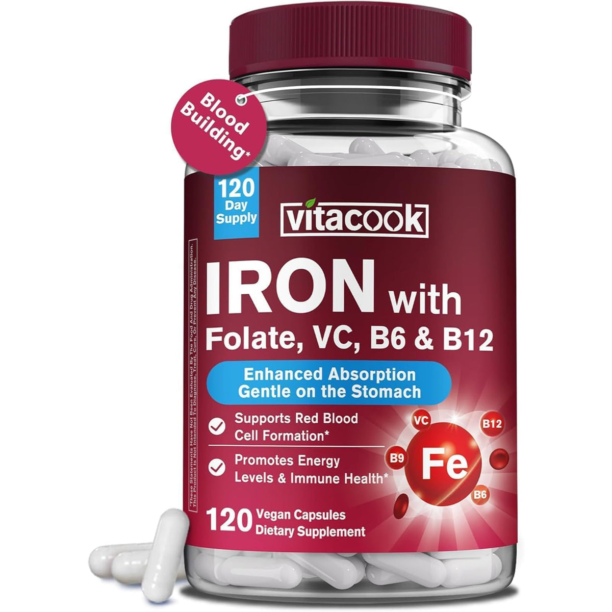 Vitacook Iron Supplement 36mg Ferrous Bisglycinate vegan capsules front view