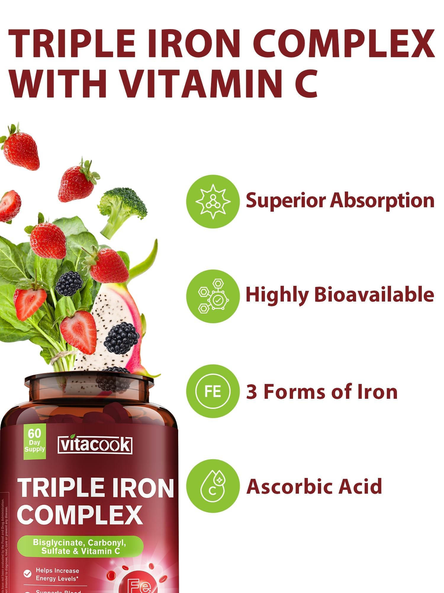 Vitacook Iron Supplement 65mg capsules on a wooden table