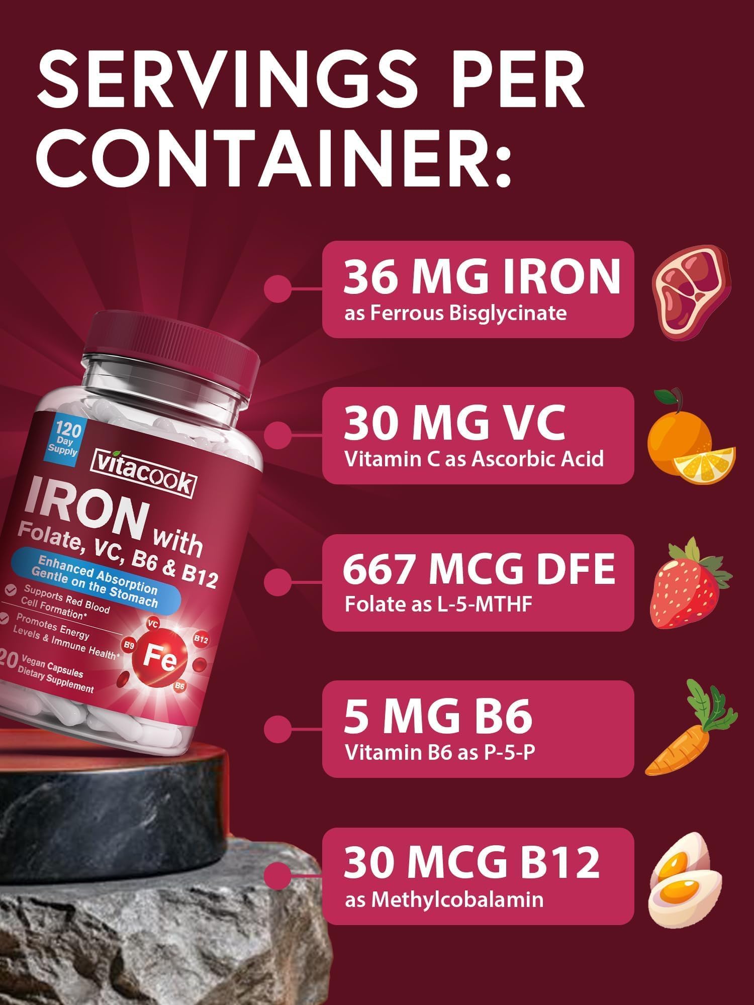 Vitacook Iron Supplement bottle with label showing ingredients