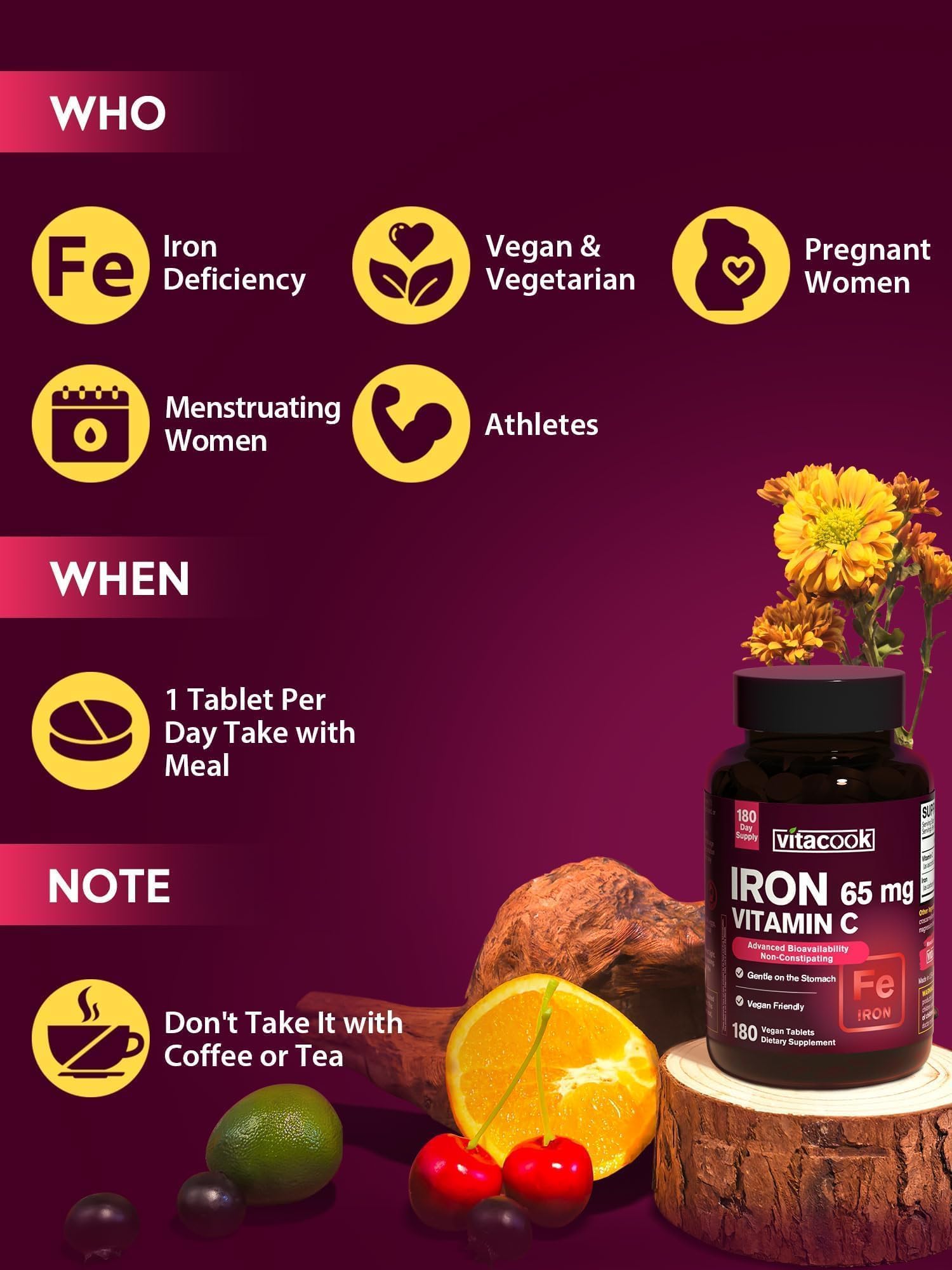 Vitacook Iron Supplement packaging next to a glass of water