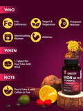Vitacook Iron Supplement packaging next to a glass of water