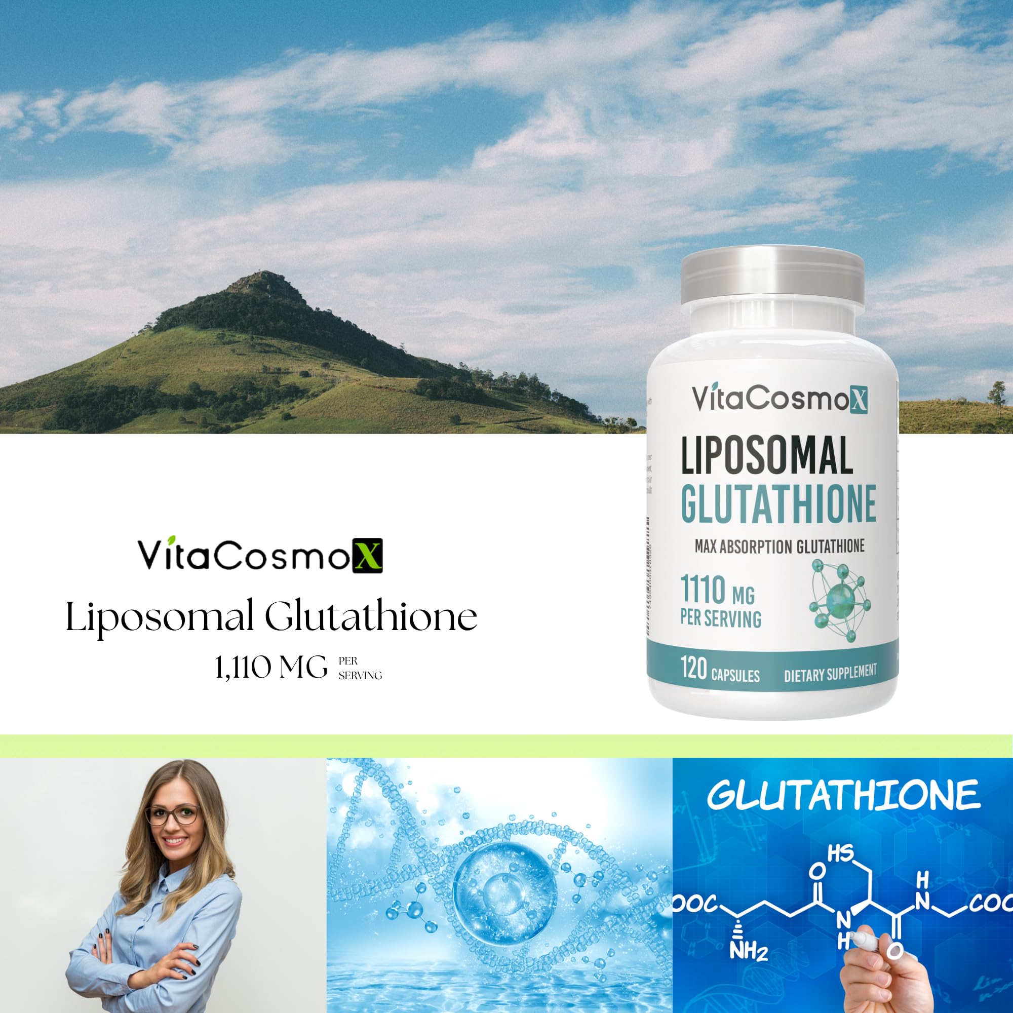 VitaCosmoX Antioxidant Supplement lifestyle scene with a glass of water