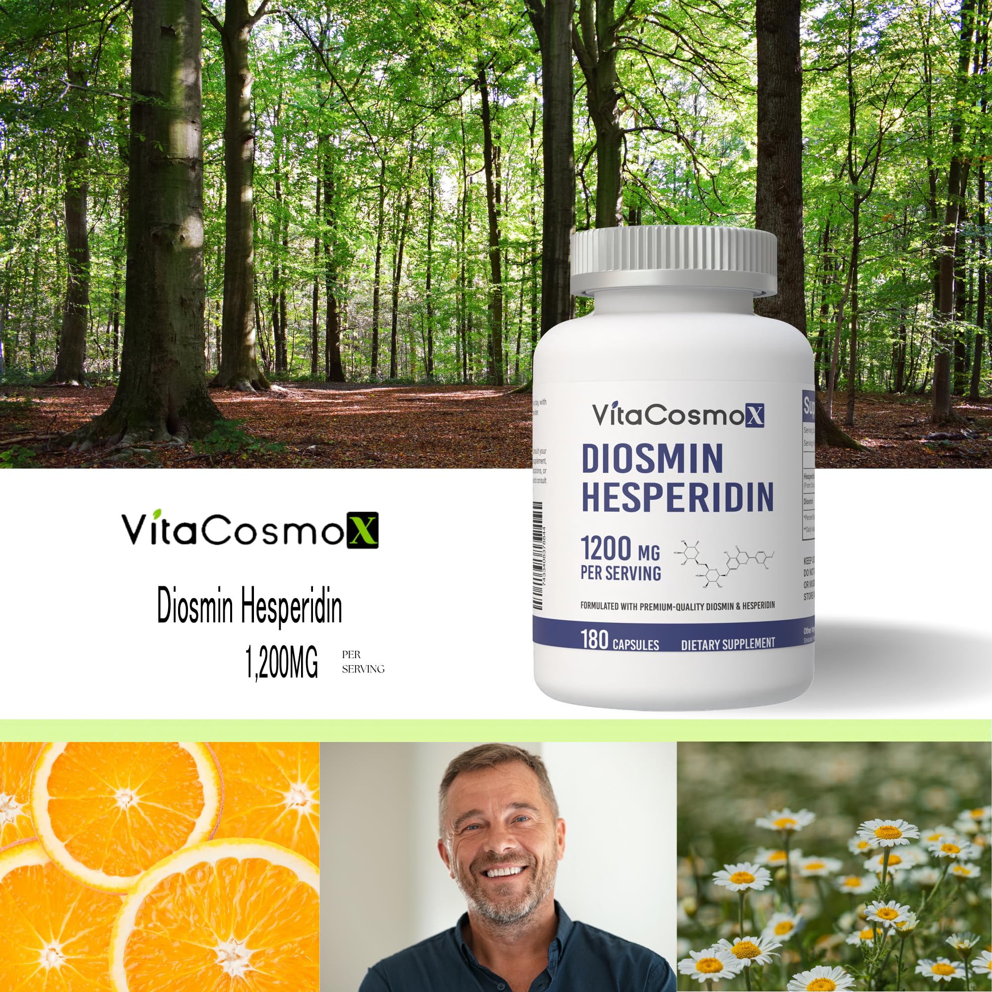 VitaCosmoX Diosmin Hesperidin 1200 mg Capsules on a kitchen counter