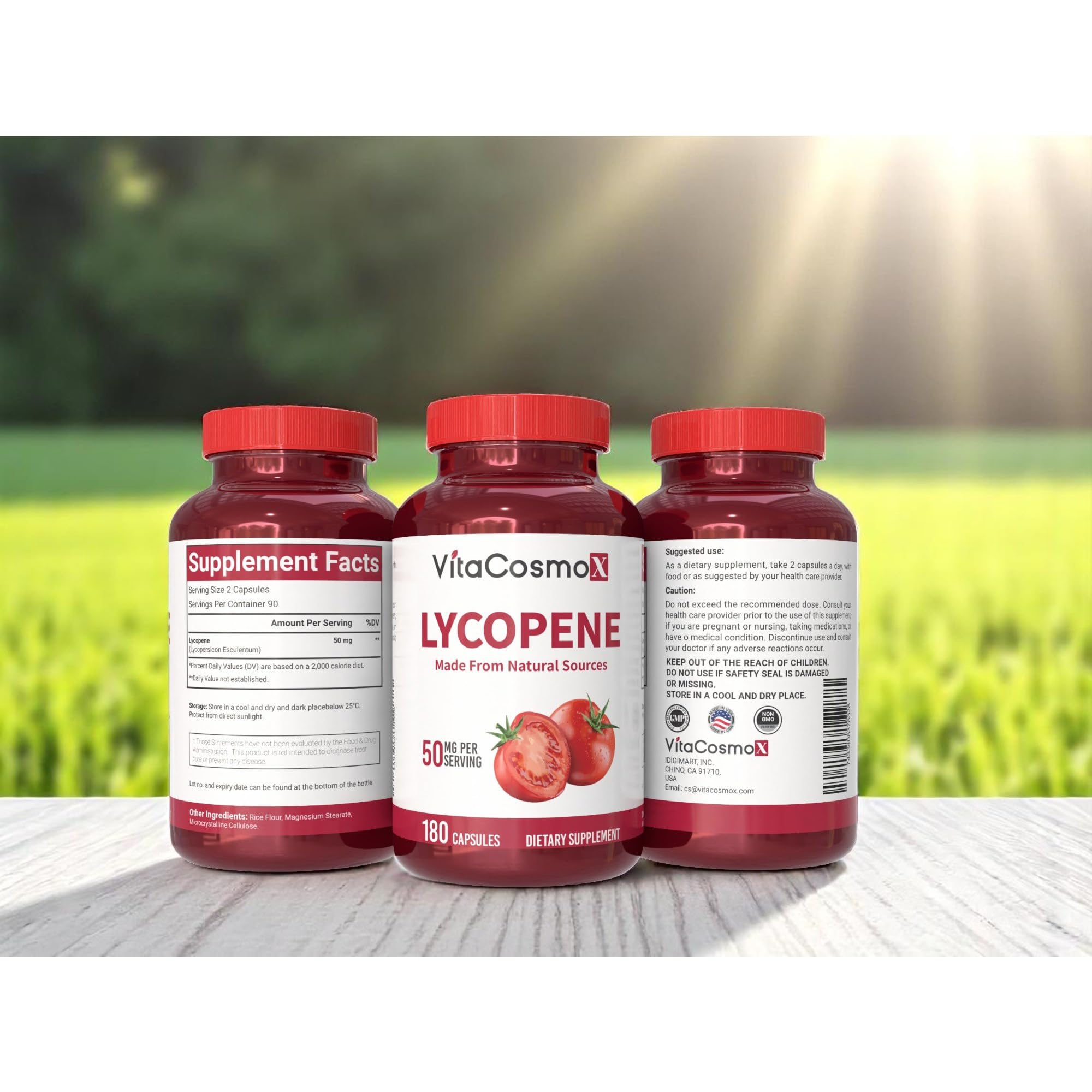 VitaCosmoX Lycopene 50mg supplement bottle with capsules