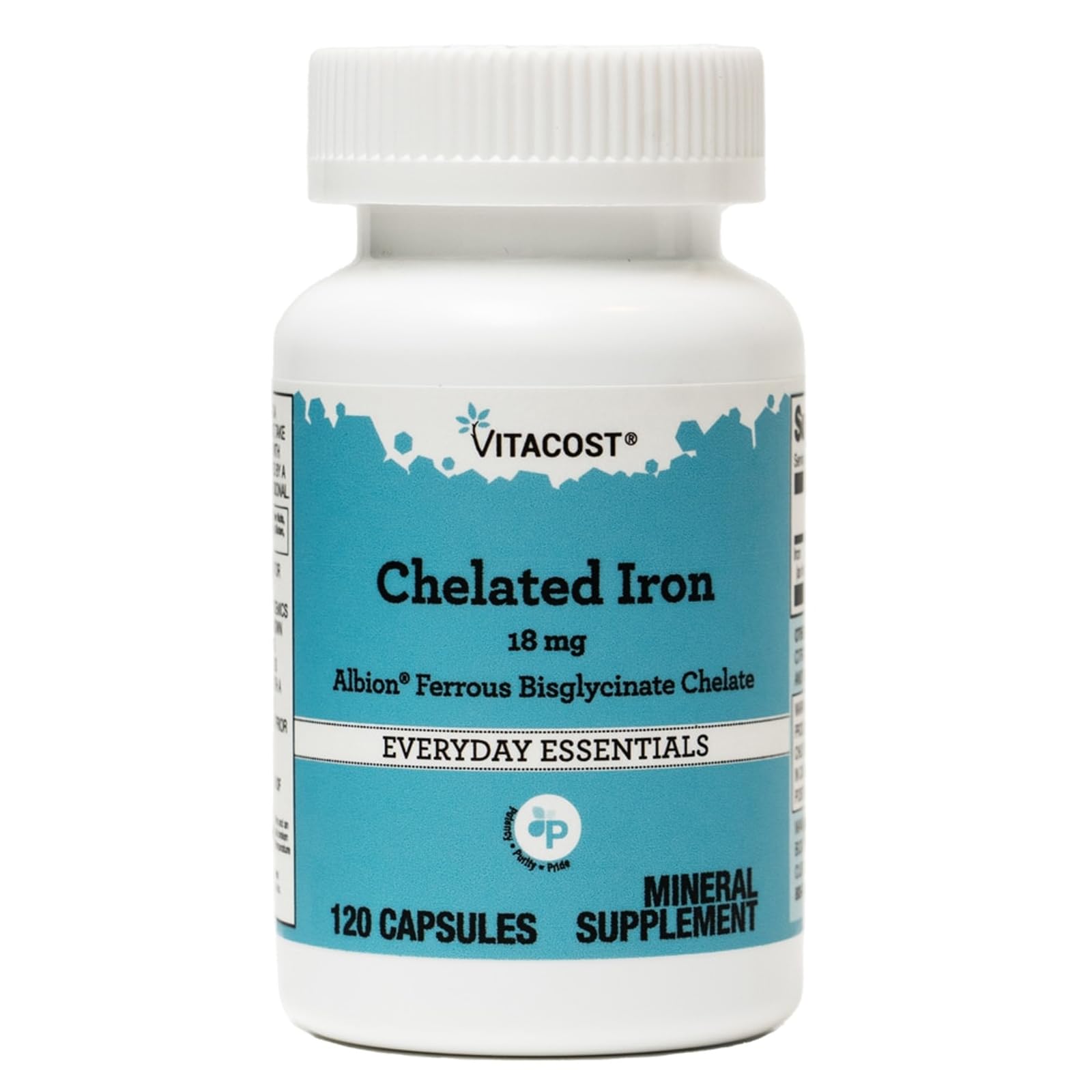 Vitacost Chelated Iron 18mg Albion Ferrous Bisglycinate Chelate capsule bottle front view