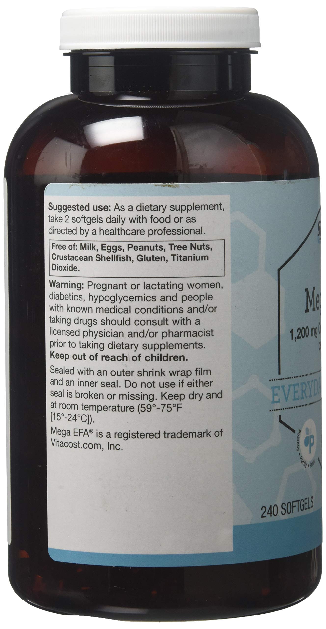 Vitacost Mega EFA Mini Gels bottle with strawberry flavour description
